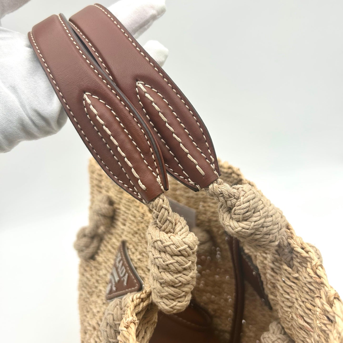 Prada Beige Triangle Logo Raffia Tote Bag [Used]