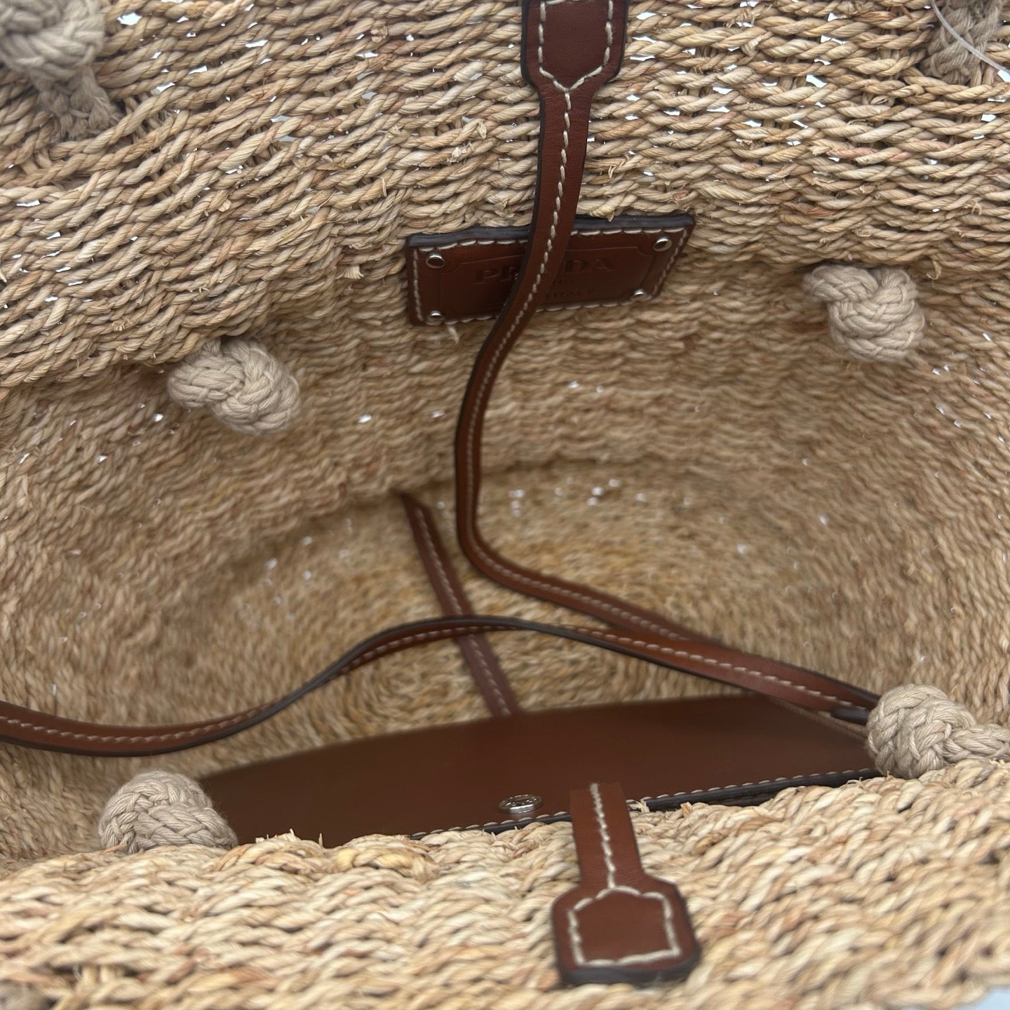 Prada Beige Triangle Logo Raffia Tote Bag [Used]