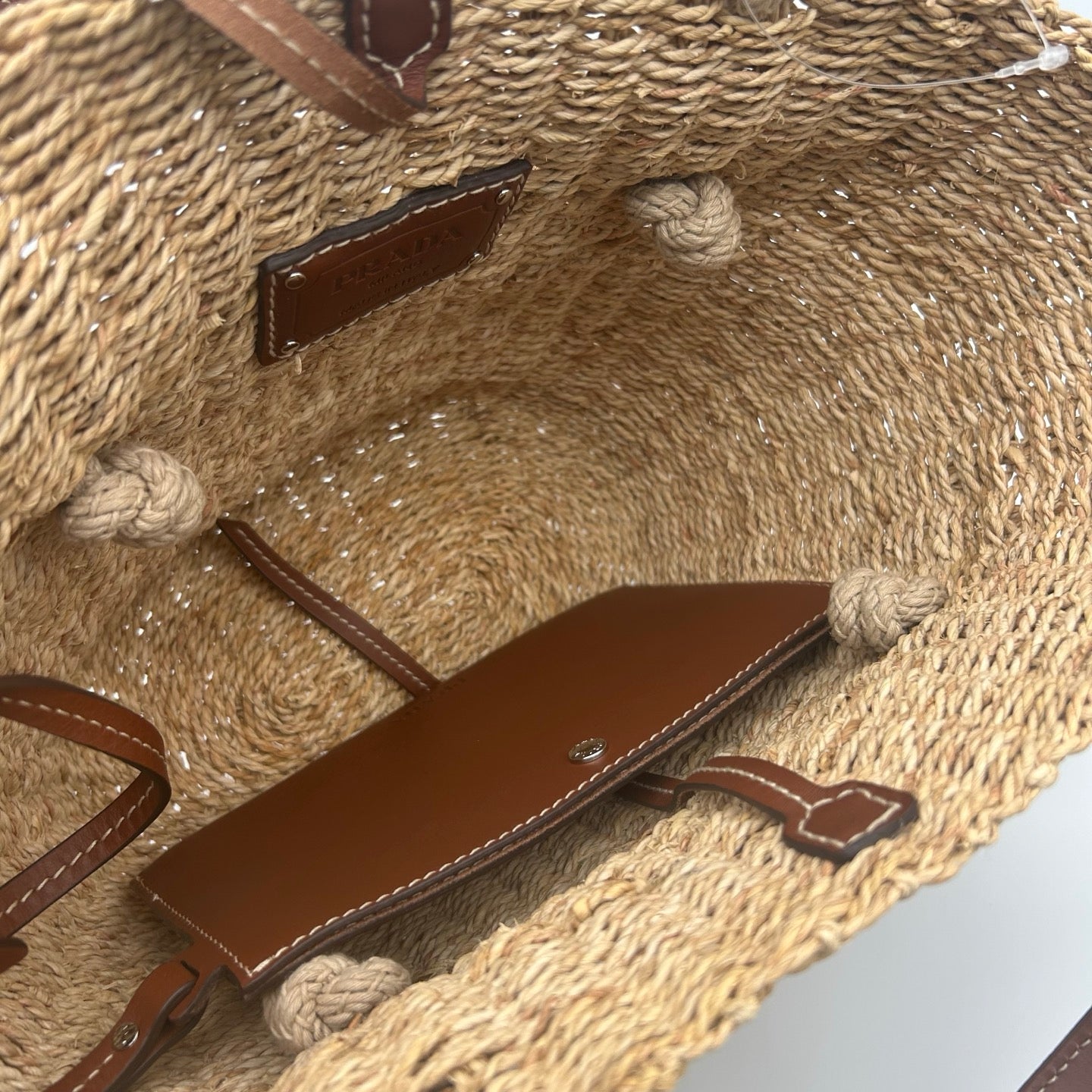 Prada Beige Triangle Logo Raffia Tote Bag [Used]