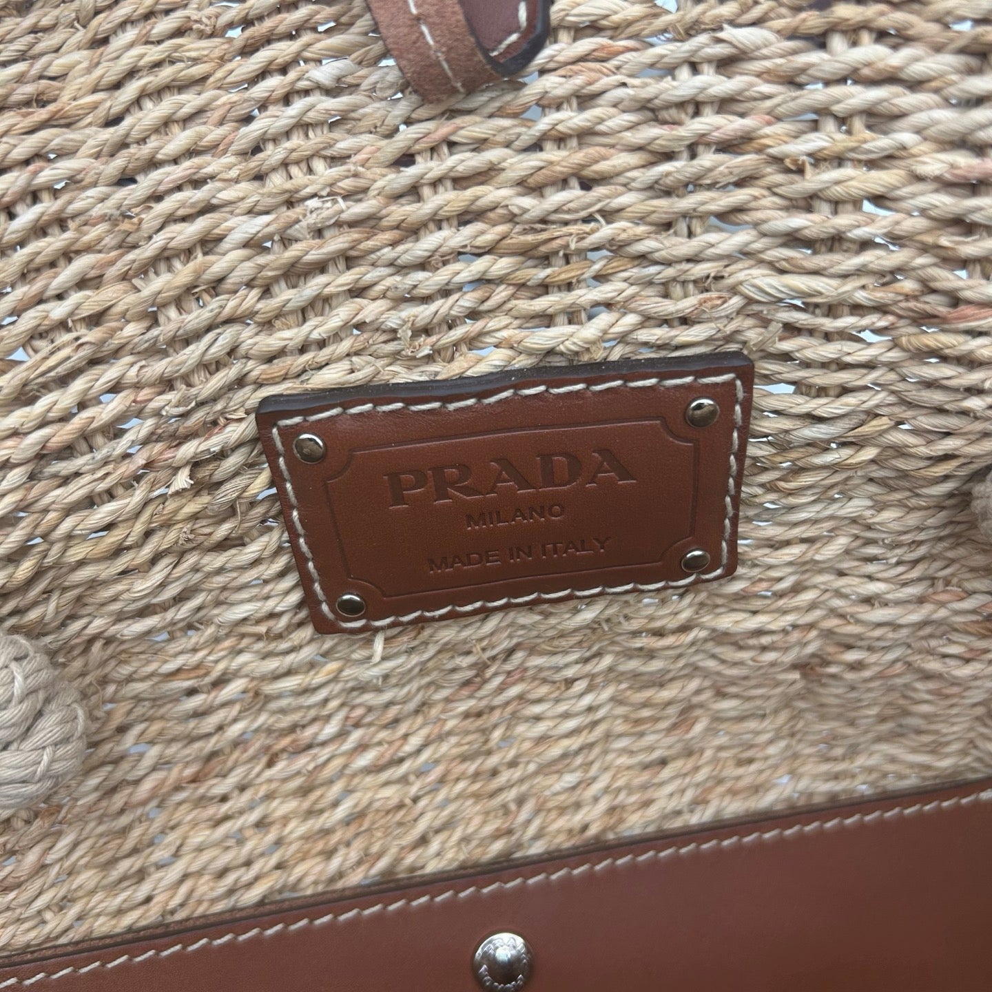 Prada Beige Triangle Logo Raffia Tote Bag [Used]