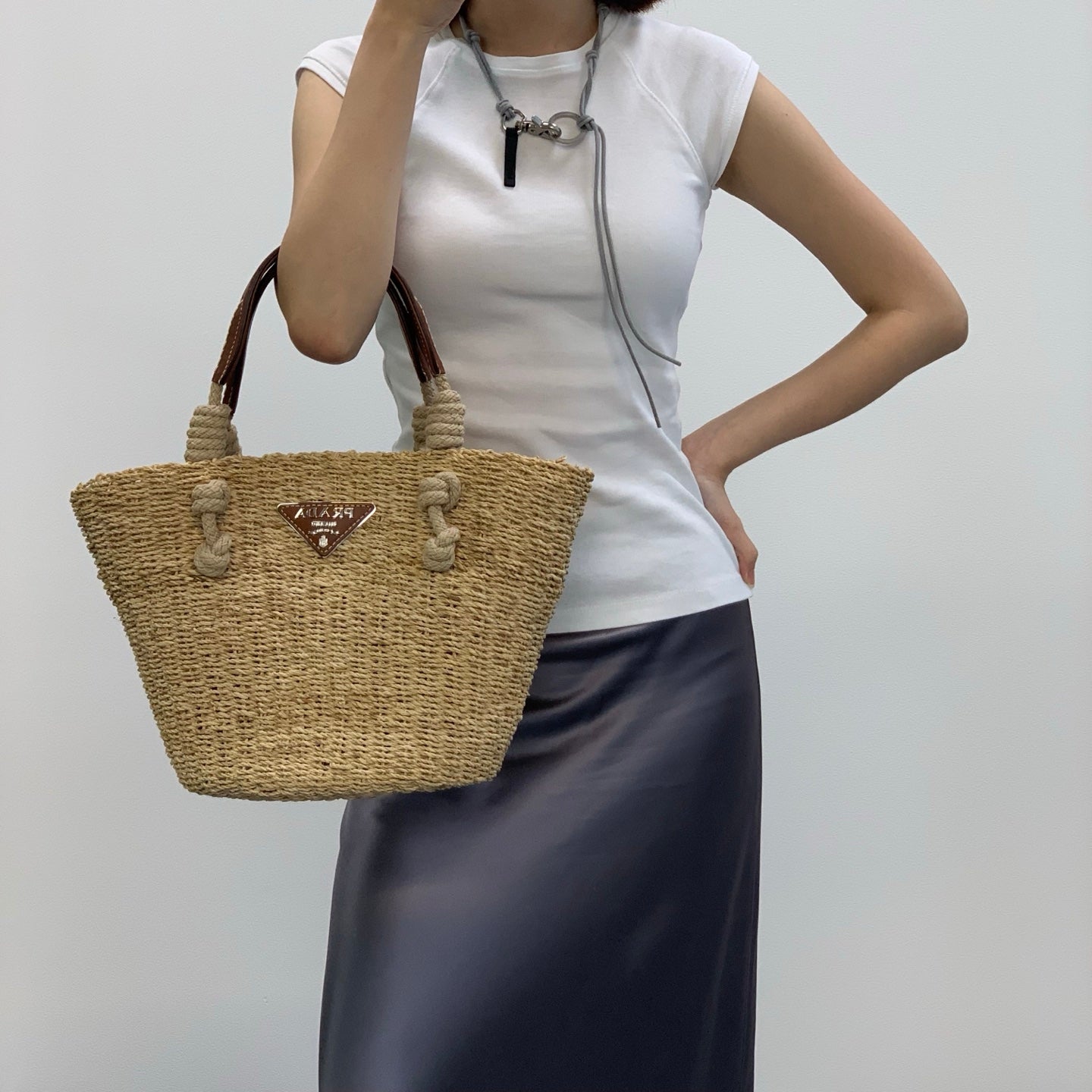 Prada Beige Triangle Logo Raffia Tote Bag [Used]