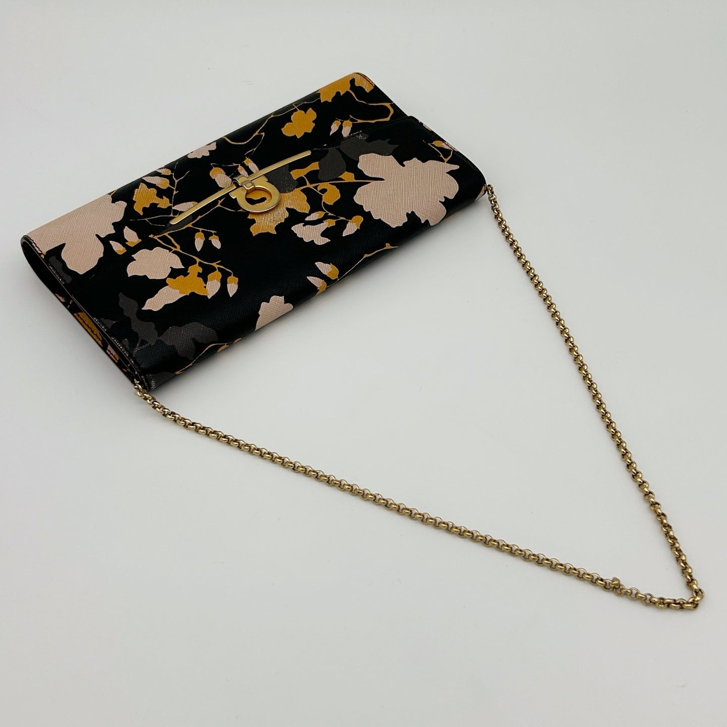 Ferragamo Black Printed Leather Chain Clutch Bag[Used]