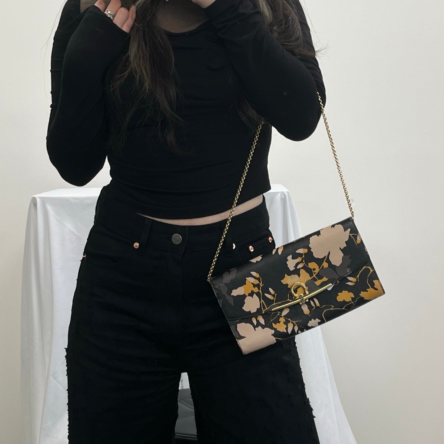 Ferragamo Black Printed Leather Chain Clutch Bag[Used]