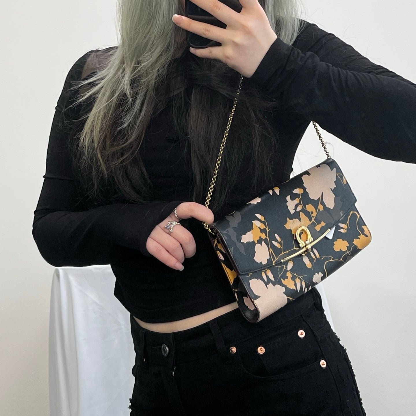 Ferragamo Black Printed Leather Chain Clutch Bag[Used]