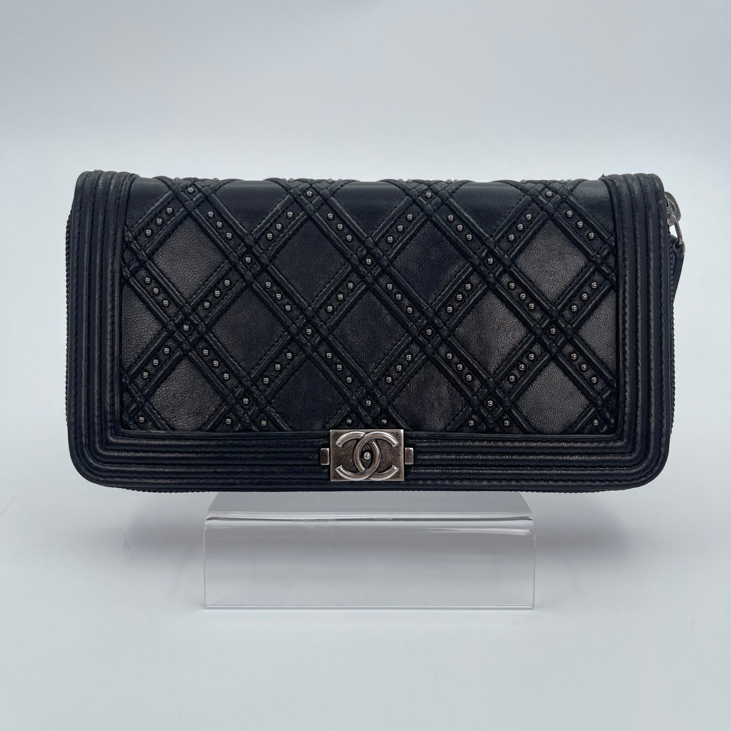Chanel Leboy Black Lambskin Studded Long Wallet Silver Hardware [Used]