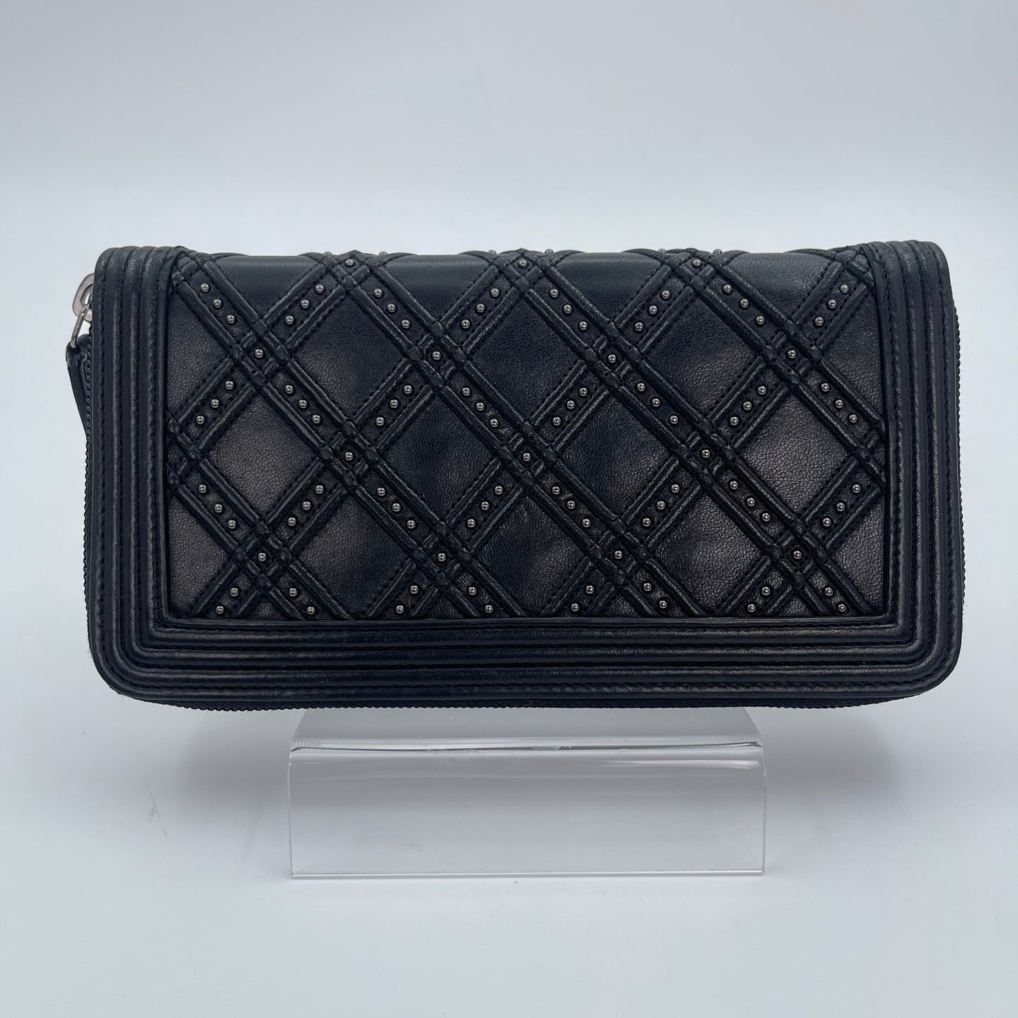 Chanel Leboy Black Lambskin Studded Long Wallet Silver Hardware [Used]