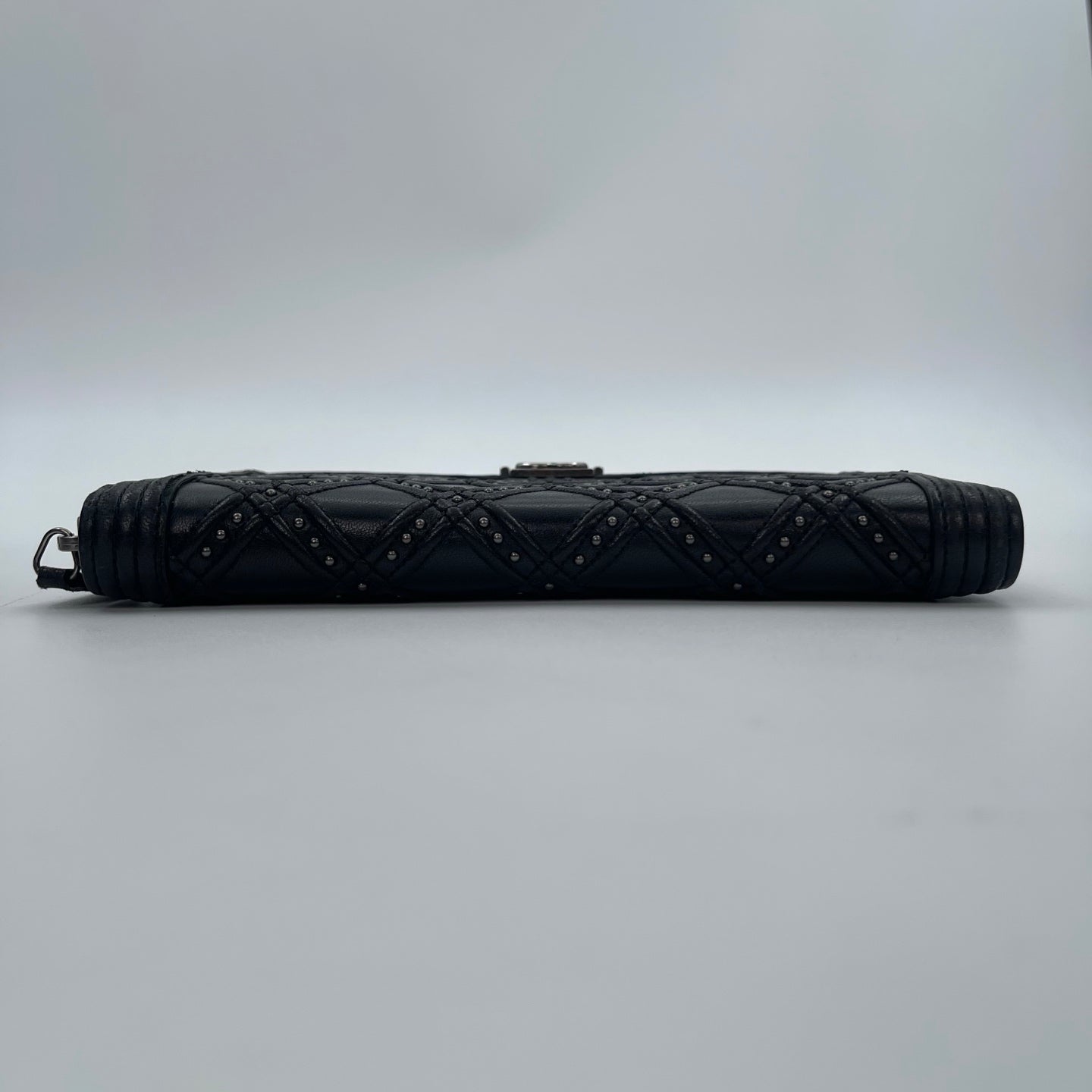 Chanel Leboy Black Lambskin Studded Long Wallet Silver Hardware [Used]