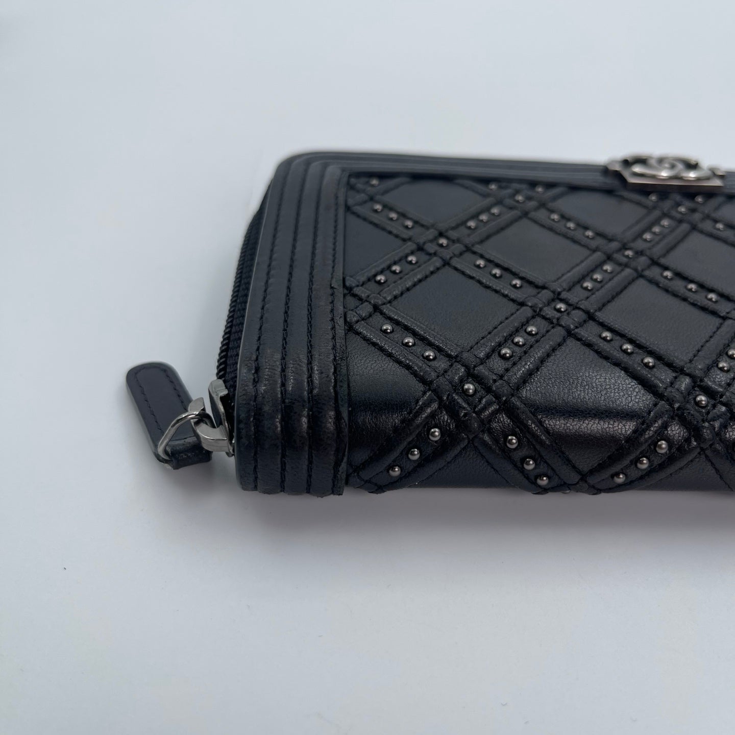 Chanel Leboy Black Lambskin Studded Long Wallet Silver Hardware [Used]