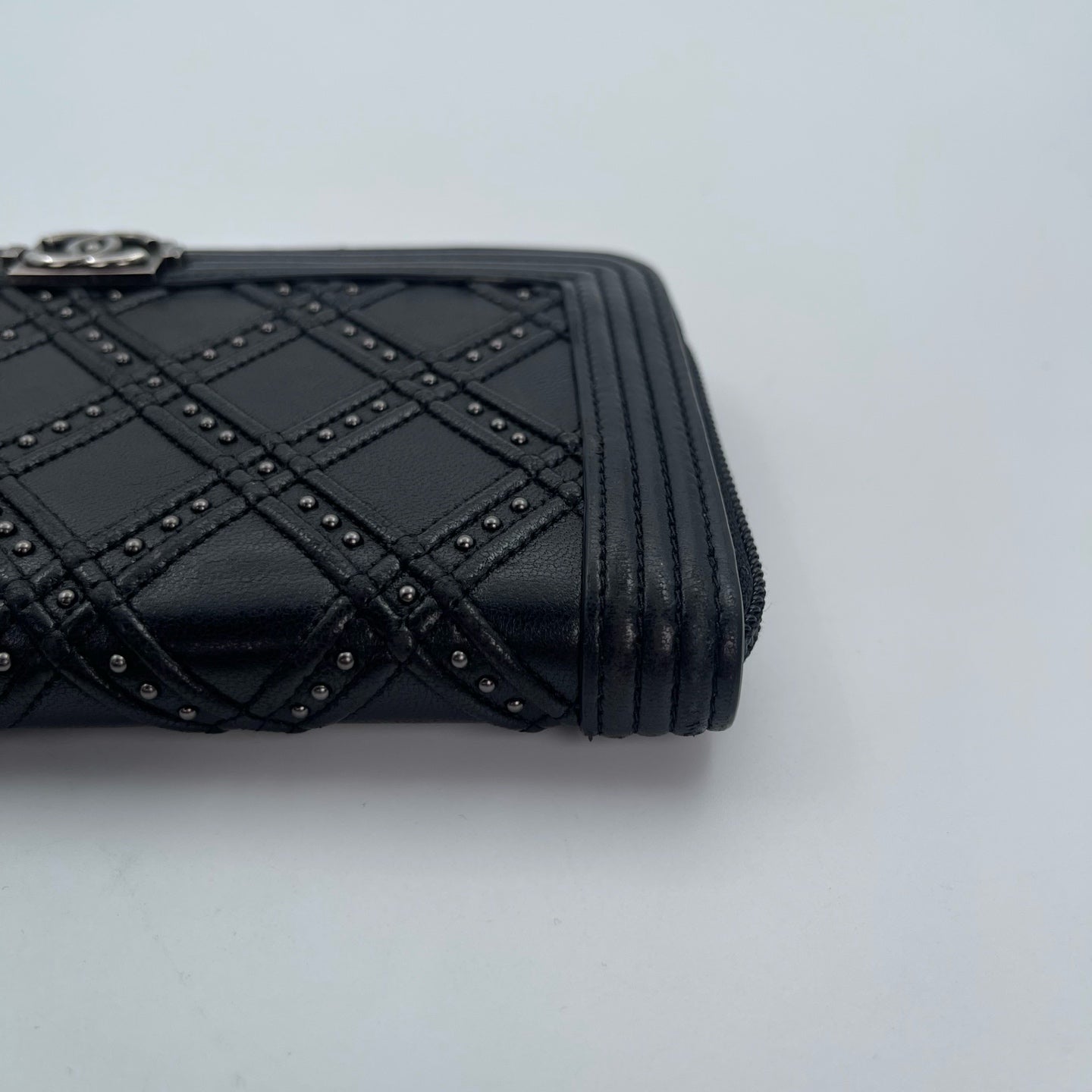 Chanel Leboy Black Lambskin Studded Long Wallet Silver Hardware [Used]
