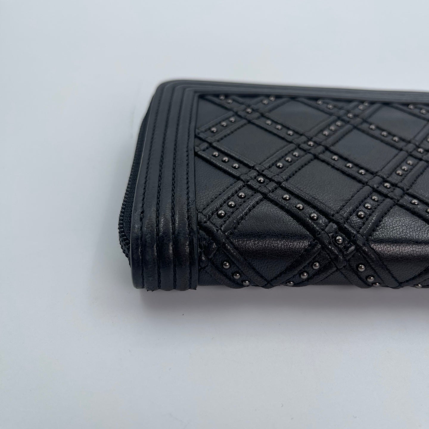Chanel Leboy Black Lambskin Studded Long Wallet Silver Hardware [Used]