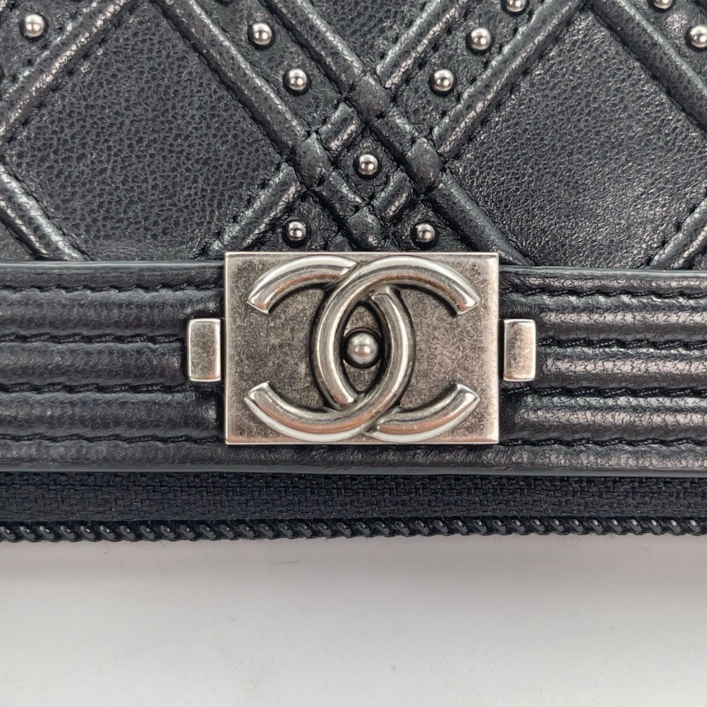 Chanel Leboy Black Lambskin Studded Long Wallet Silver Hardware [Used]
