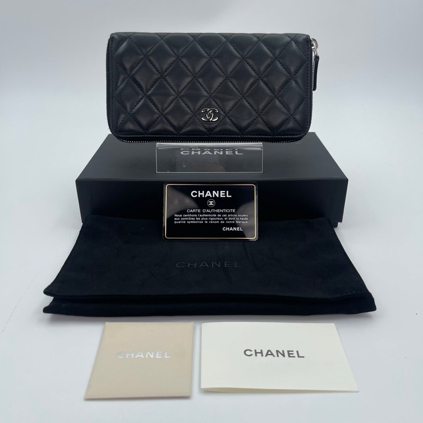 Chanel Black Quilted Lambskin Long Wallet Silver Hardware [Used]