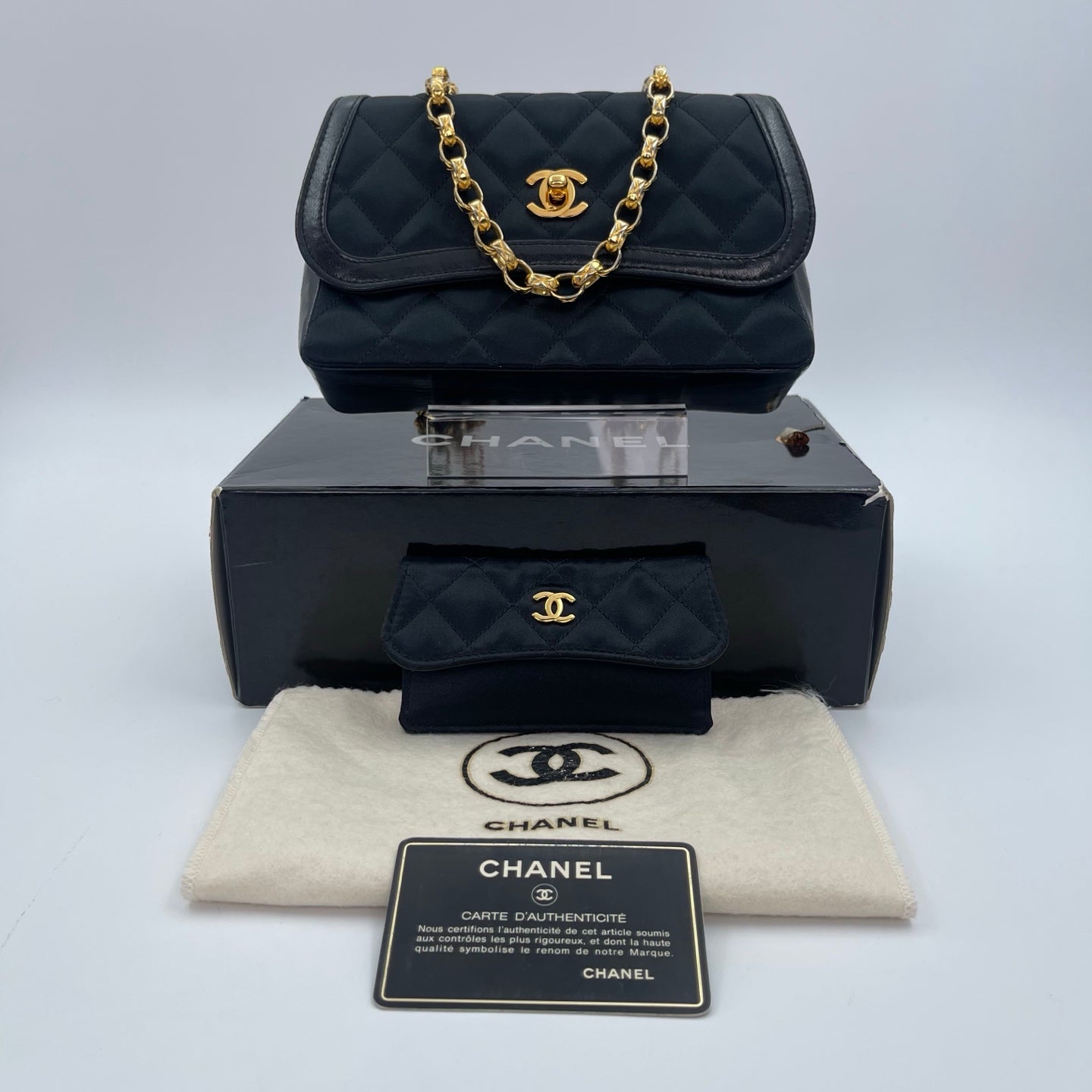 Chanel Black Satin & Leather Embossed Letter Chain Shoulder Bag Gold Hardware [Used]
