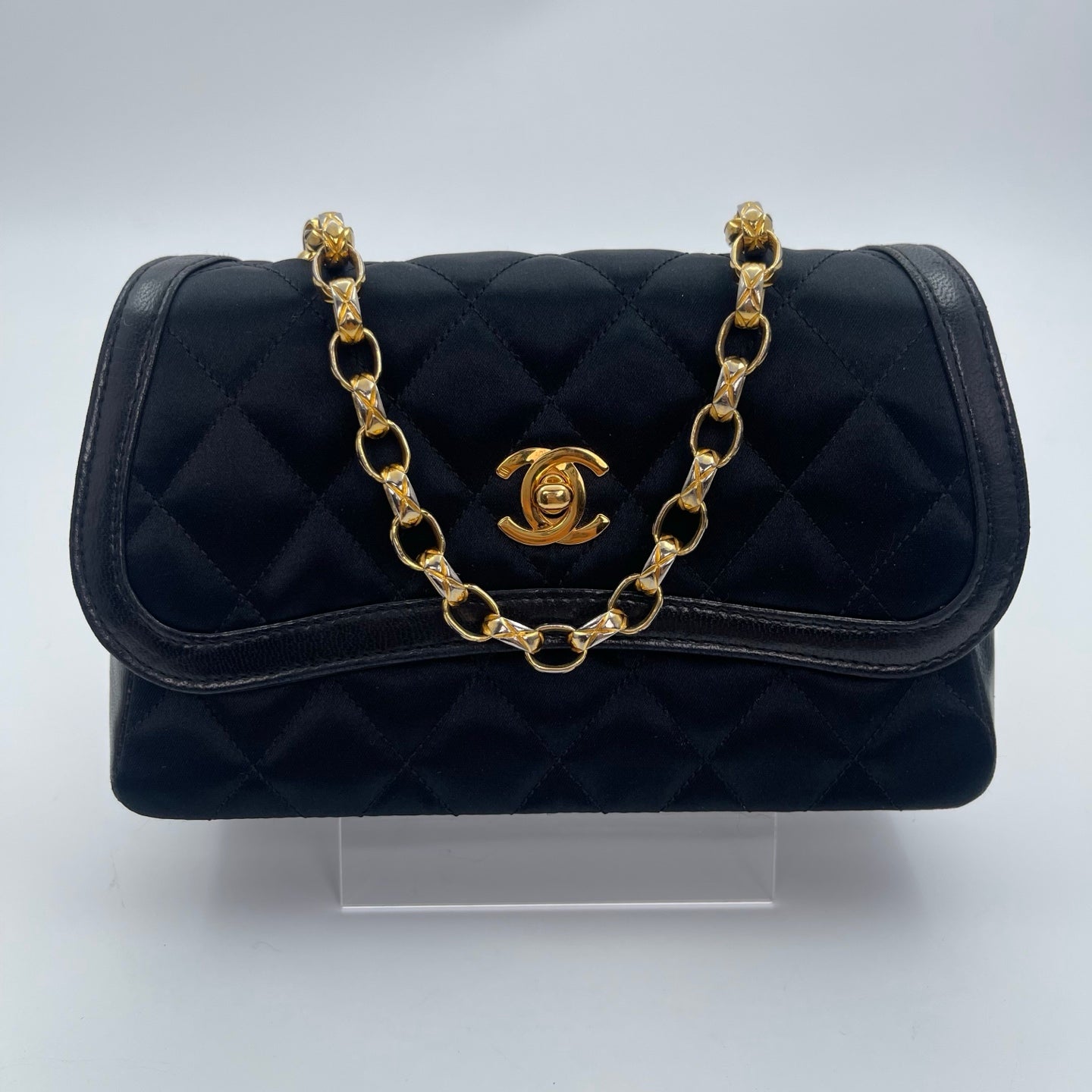 Chanel Black Satin & Leather Embossed Letter Chain Shoulder Bag Gold Hardware [Used]