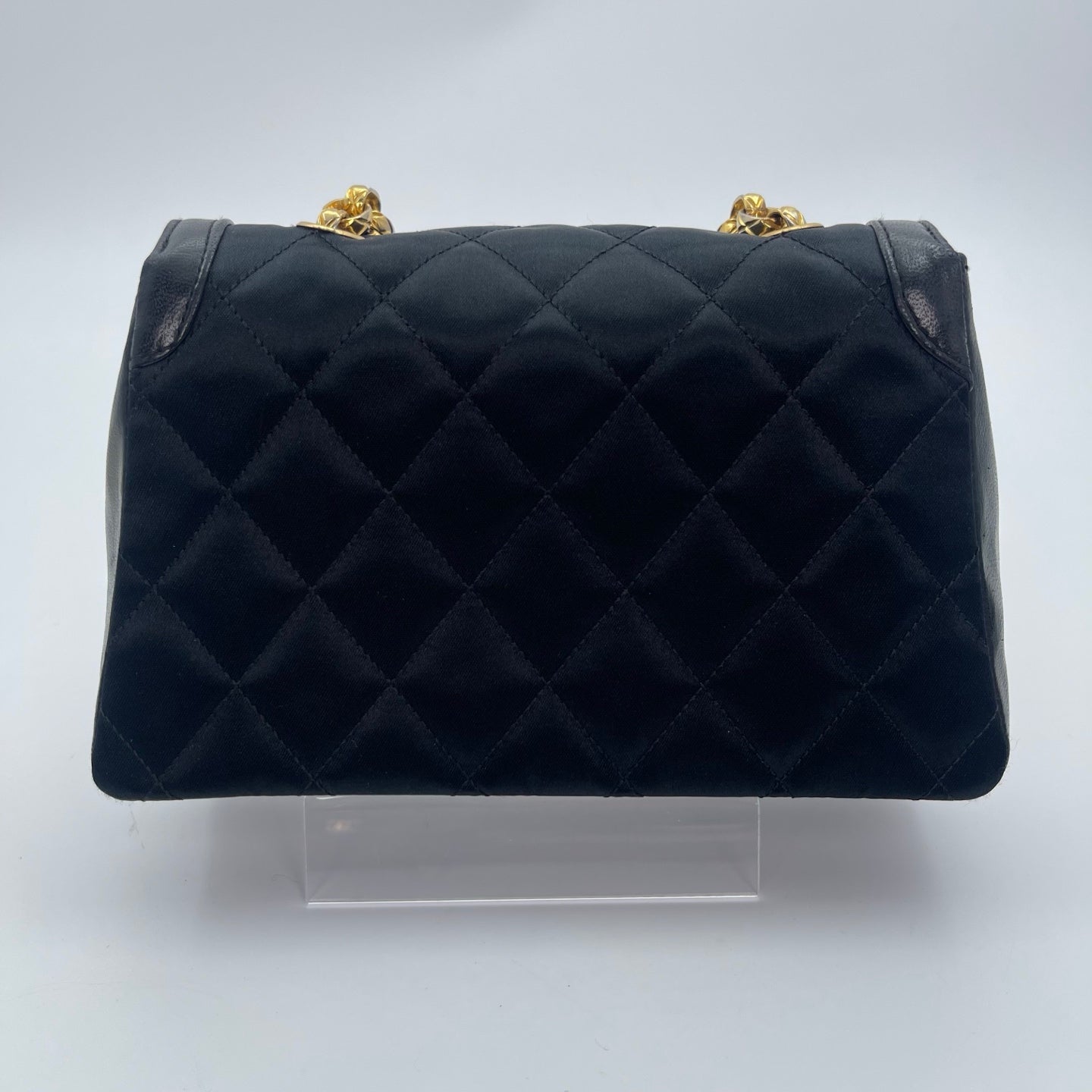 Chanel Black Satin & Leather Embossed Letter Chain Shoulder Bag Gold Hardware [Used]