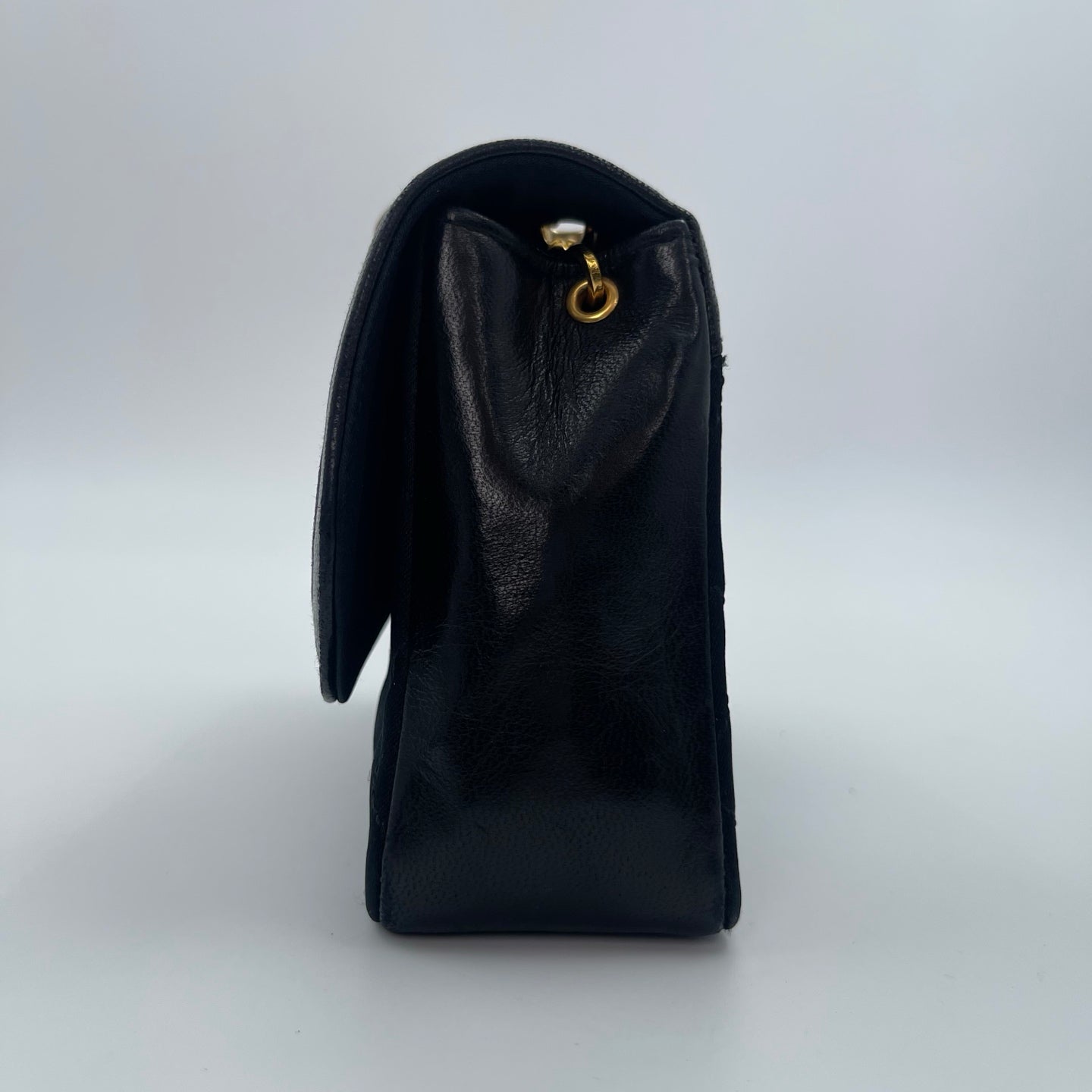 Chanel Black Satin & Leather Embossed Letter Chain Shoulder Bag Gold Hardware [Used]