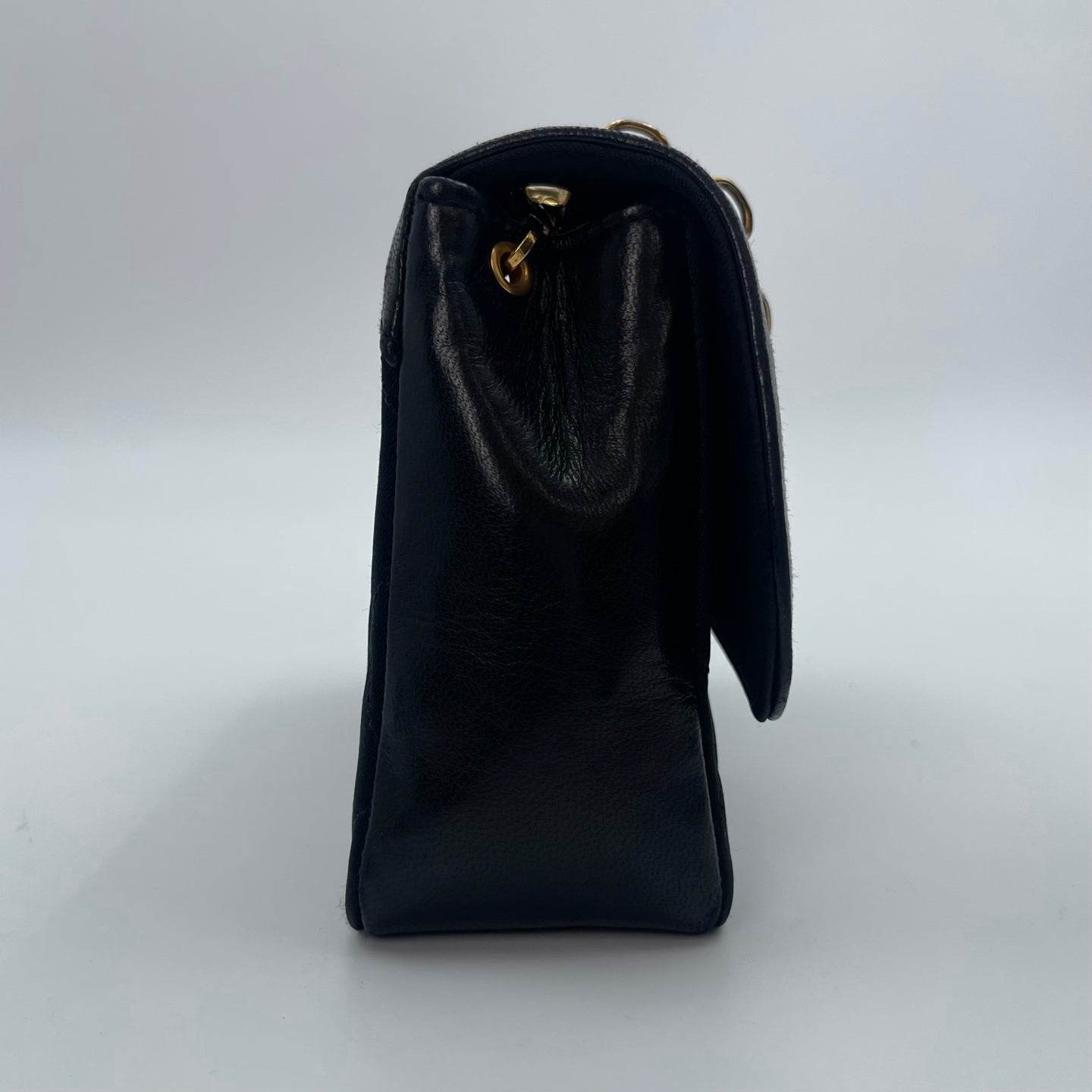 Chanel Black Satin & Leather Embossed Letter Chain Shoulder Bag Gold Hardware [Used]