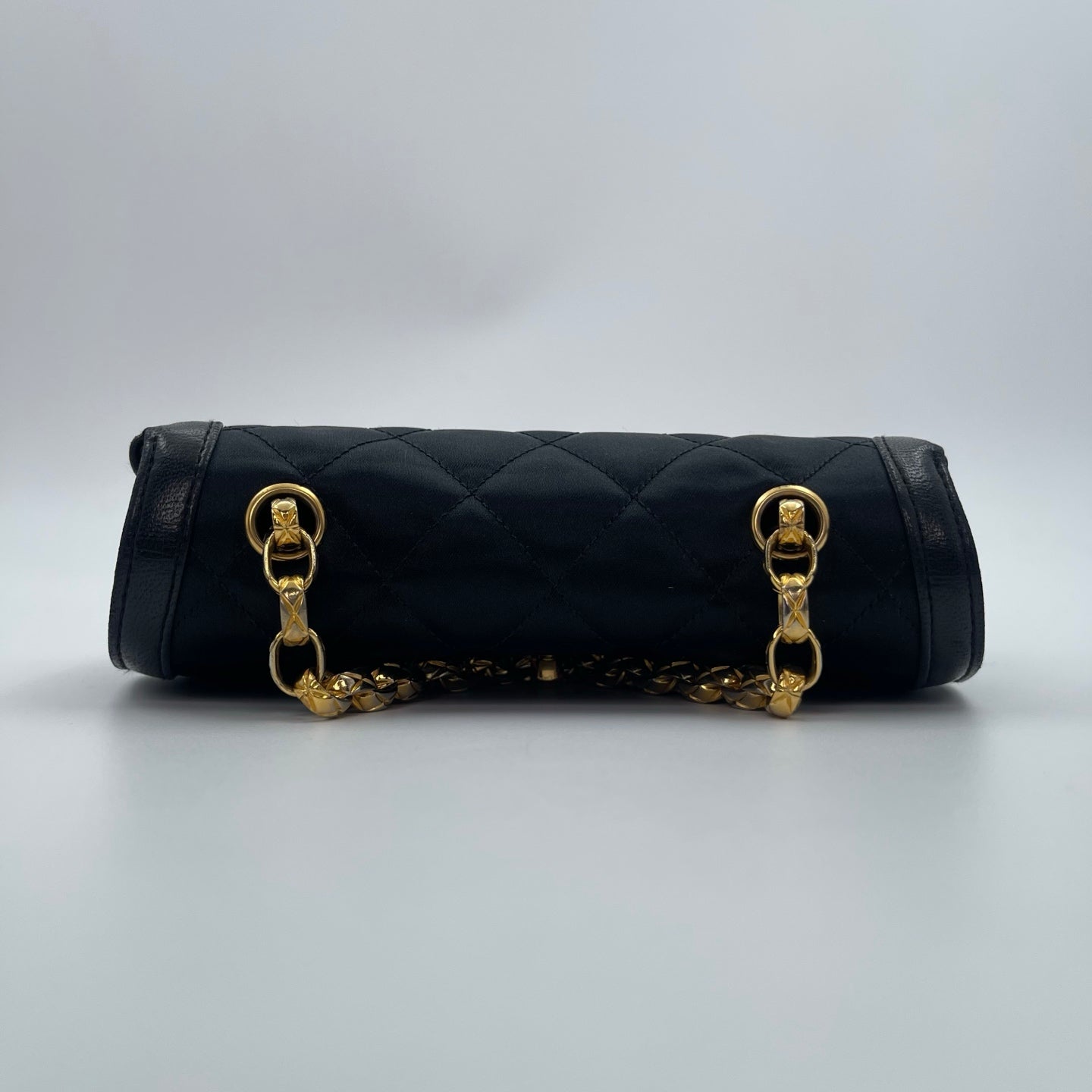 Chanel Black Satin & Leather Embossed Letter Chain Shoulder Bag Gold Hardware [Used]