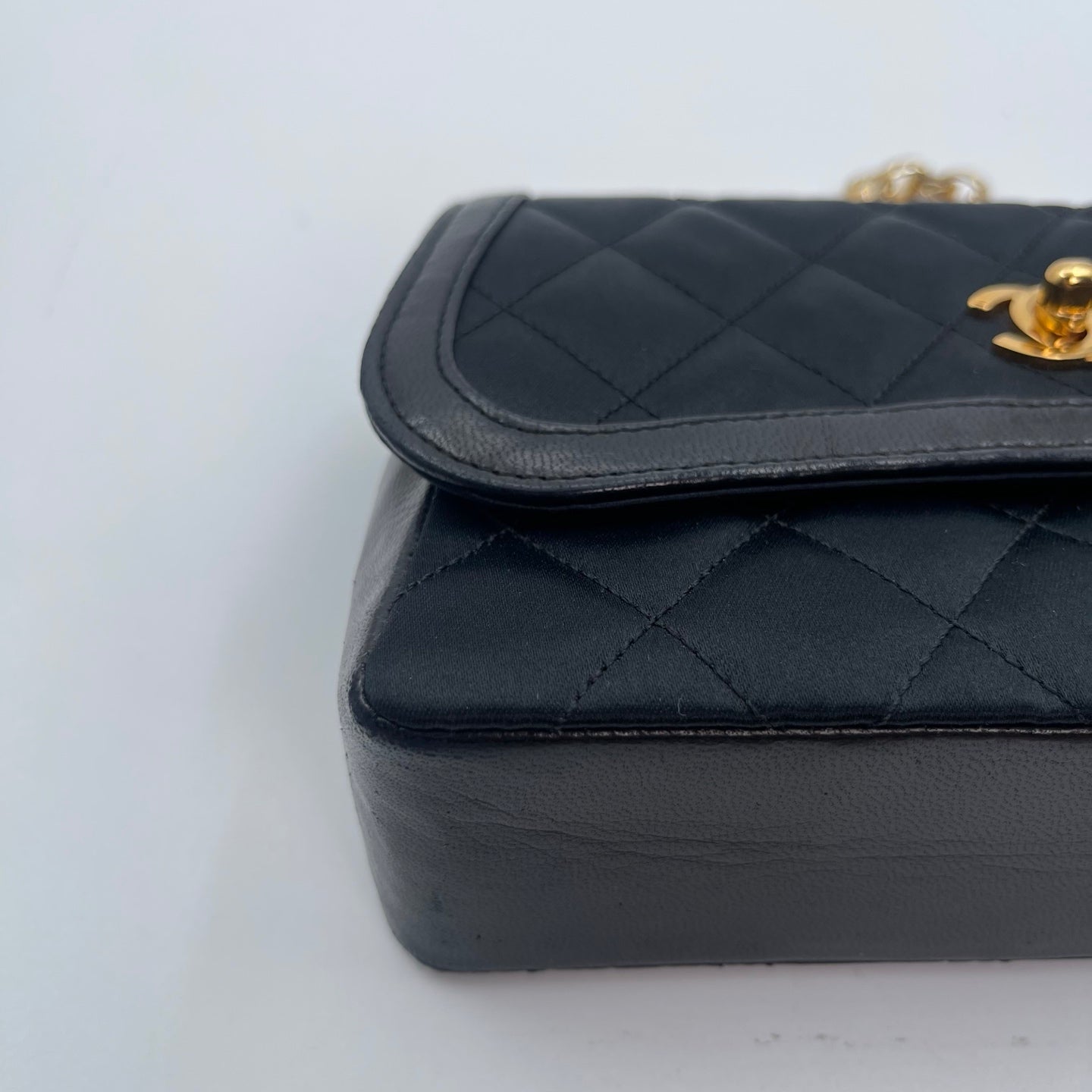 Chanel Black Satin & Leather Embossed Letter Chain Shoulder Bag Gold Hardware [Used]