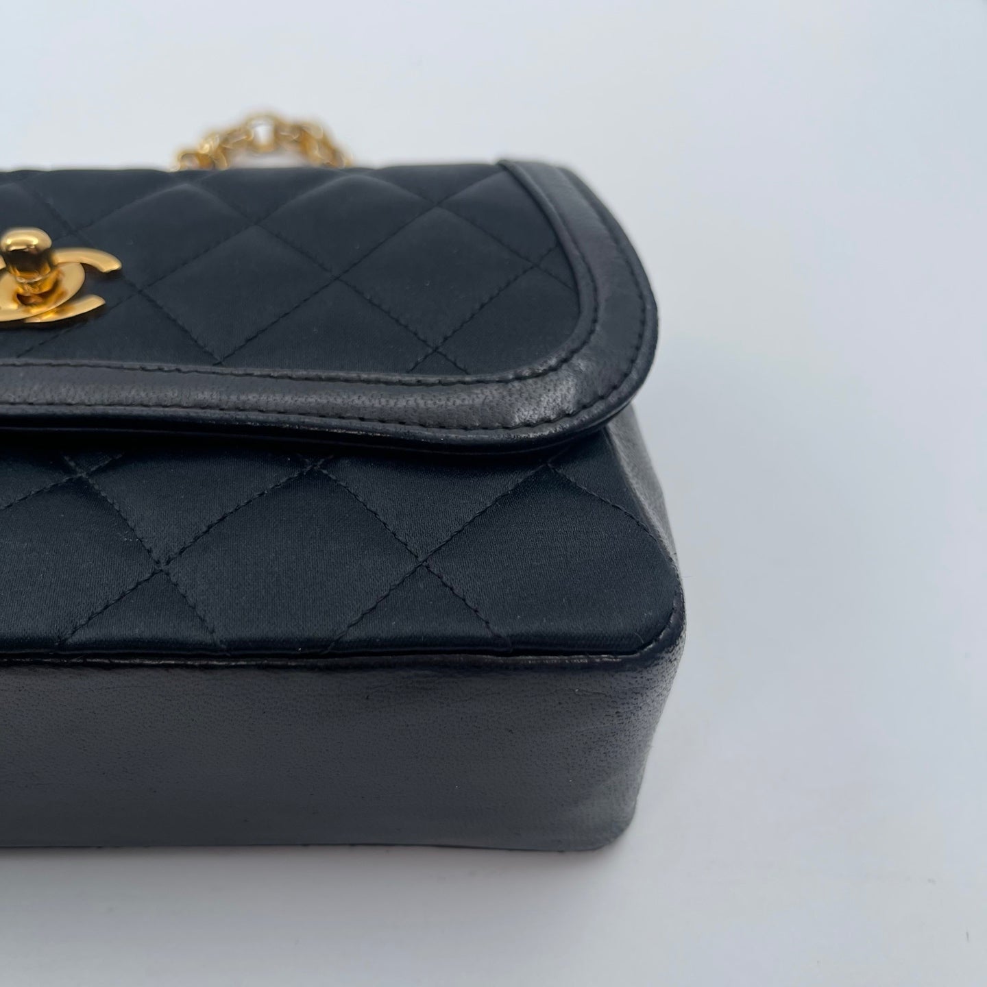 Chanel Black Satin & Leather Embossed Letter Chain Shoulder Bag Gold Hardware [Used]