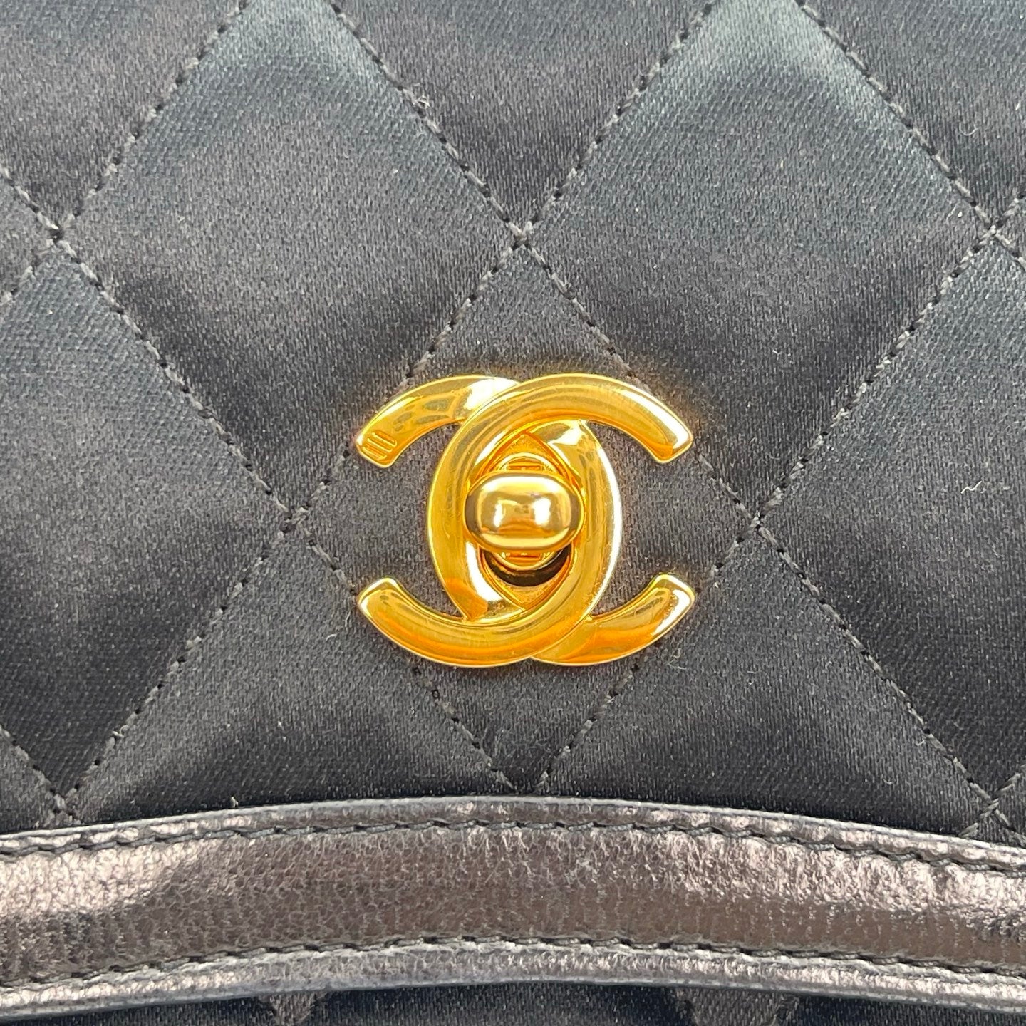 Chanel Black Satin & Leather Embossed Letter Chain Shoulder Bag Gold Hardware [Used]