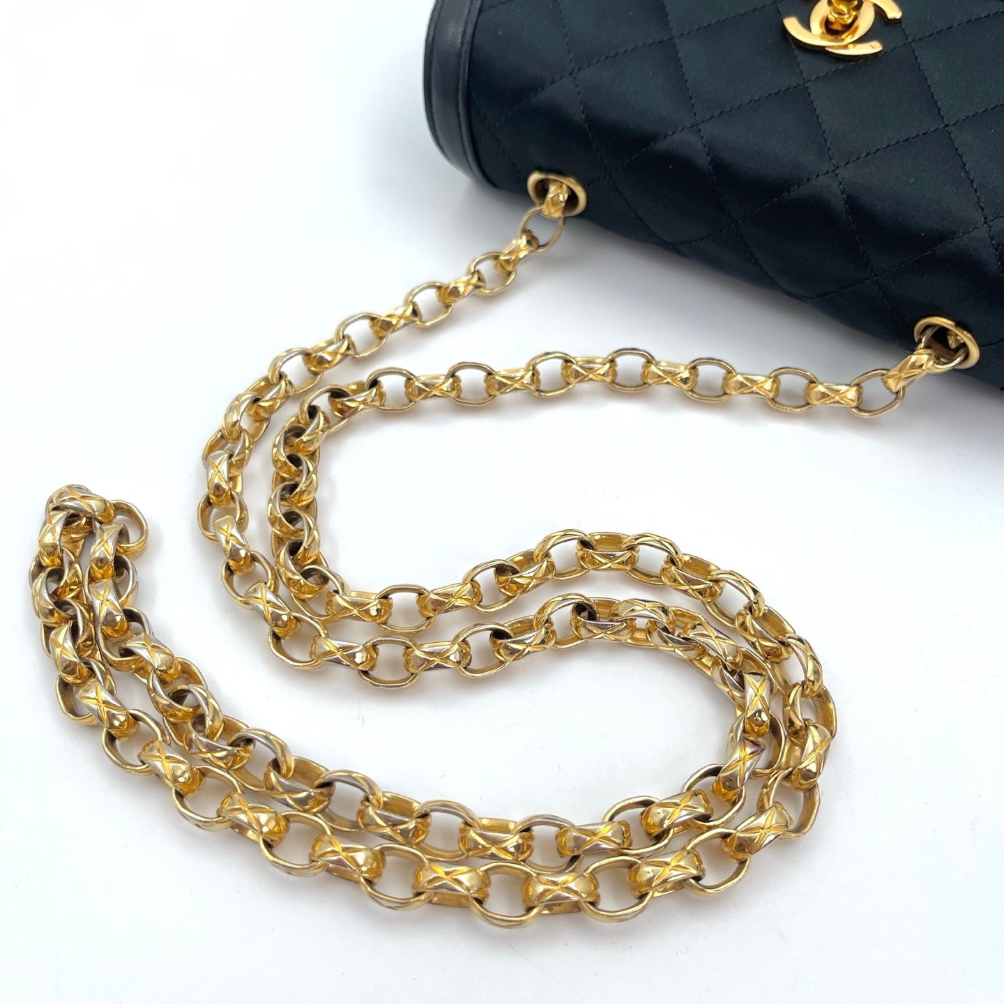 Chanel Black Satin & Leather Embossed Letter Chain Shoulder Bag Gold Hardware [Used]