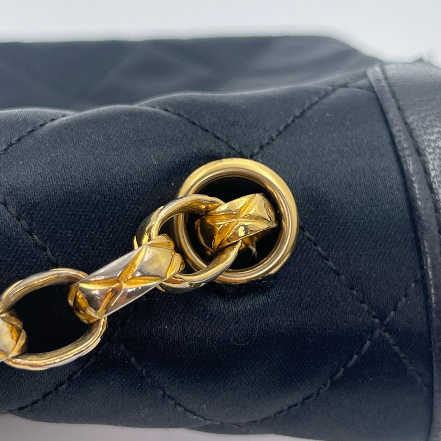 Chanel Black Satin & Leather Embossed Letter Chain Shoulder Bag Gold Hardware [Used]
