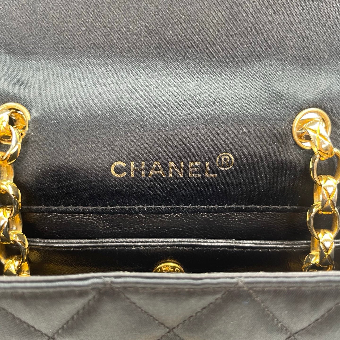 Chanel Black Satin & Leather Embossed Letter Chain Shoulder Bag Gold Hardware [Used]