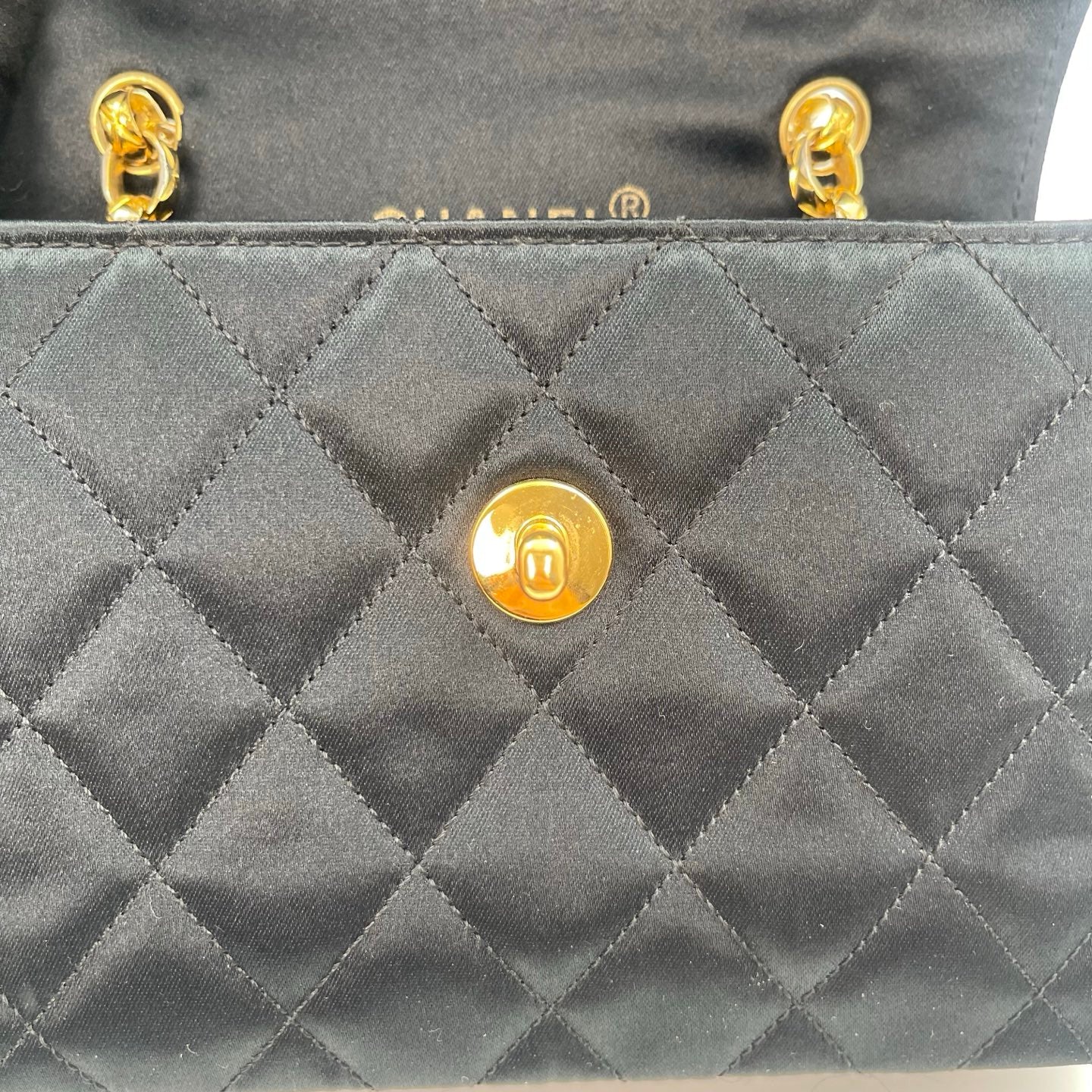 Chanel Black Satin & Leather Embossed Letter Chain Shoulder Bag Gold Hardware [Used]