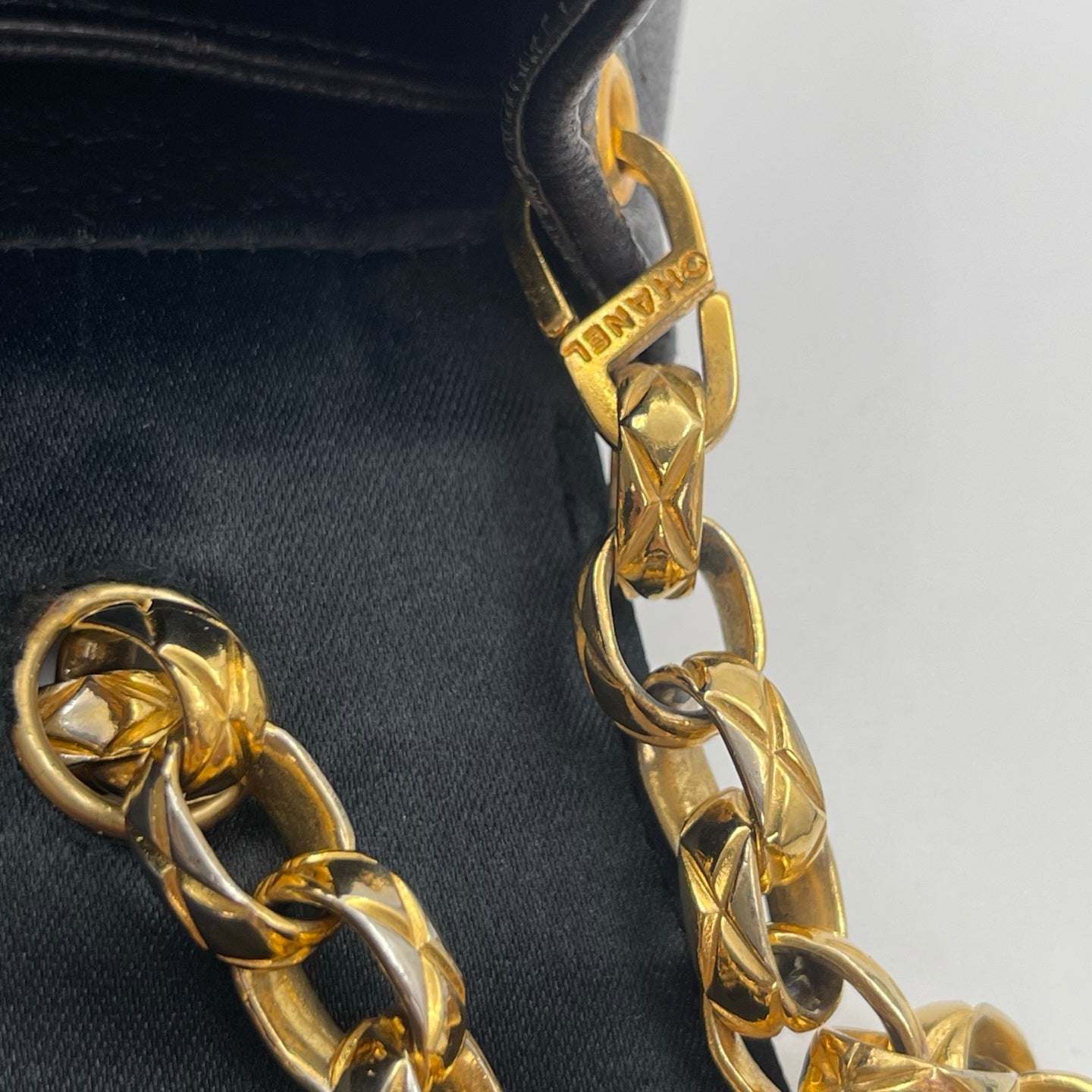Chanel Black Satin & Leather Embossed Letter Chain Shoulder Bag Gold Hardware [Used]
