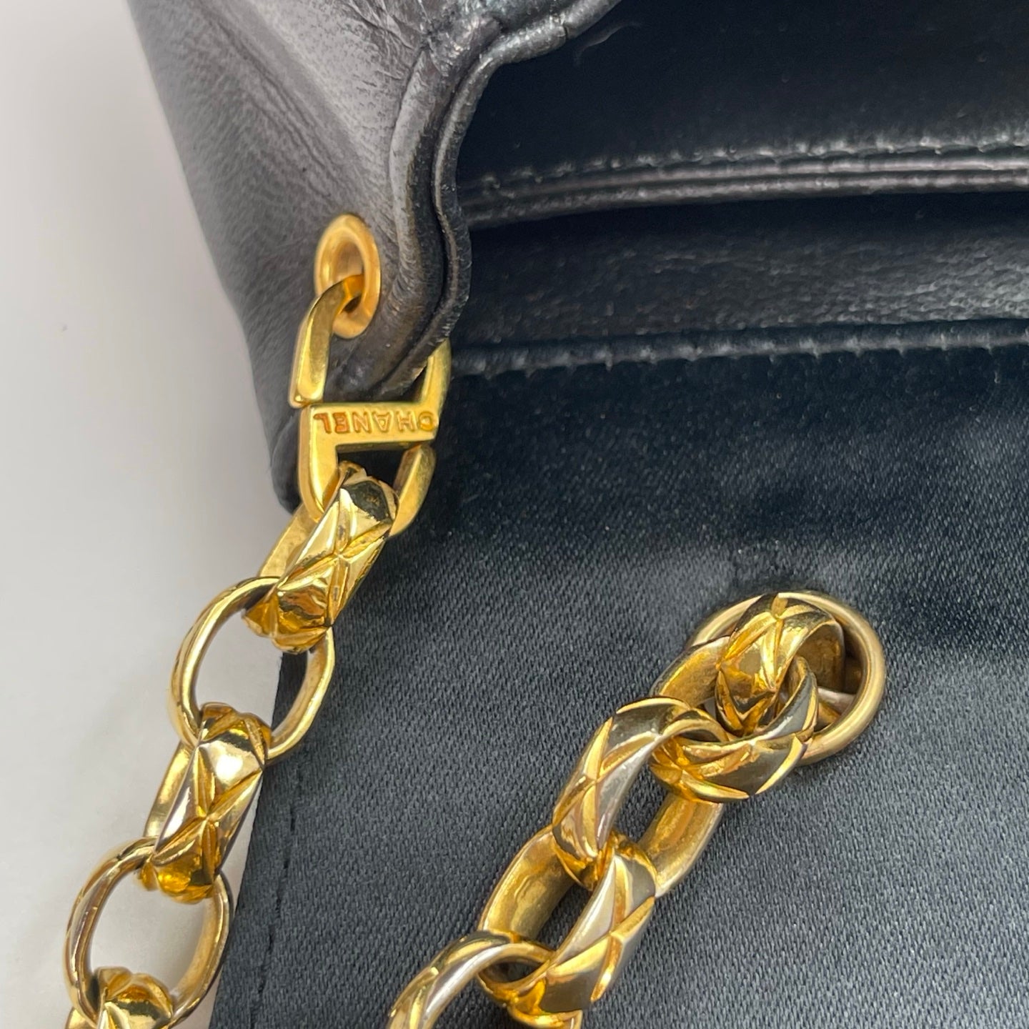Chanel Black Satin & Leather Embossed Letter Chain Shoulder Bag Gold Hardware [Used]