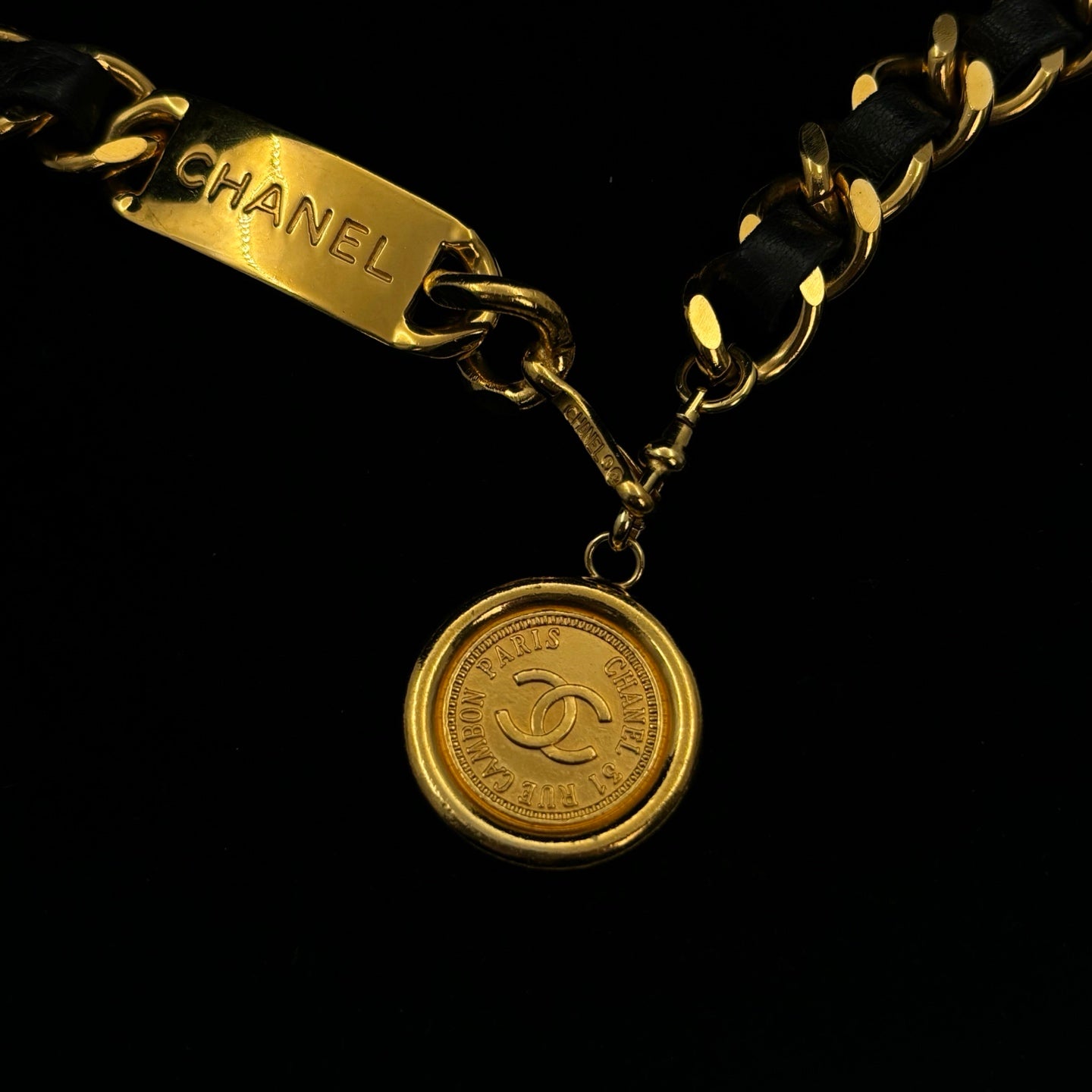 Chanel Black Leather Chain Coin Belt Gold Hardware [Used]