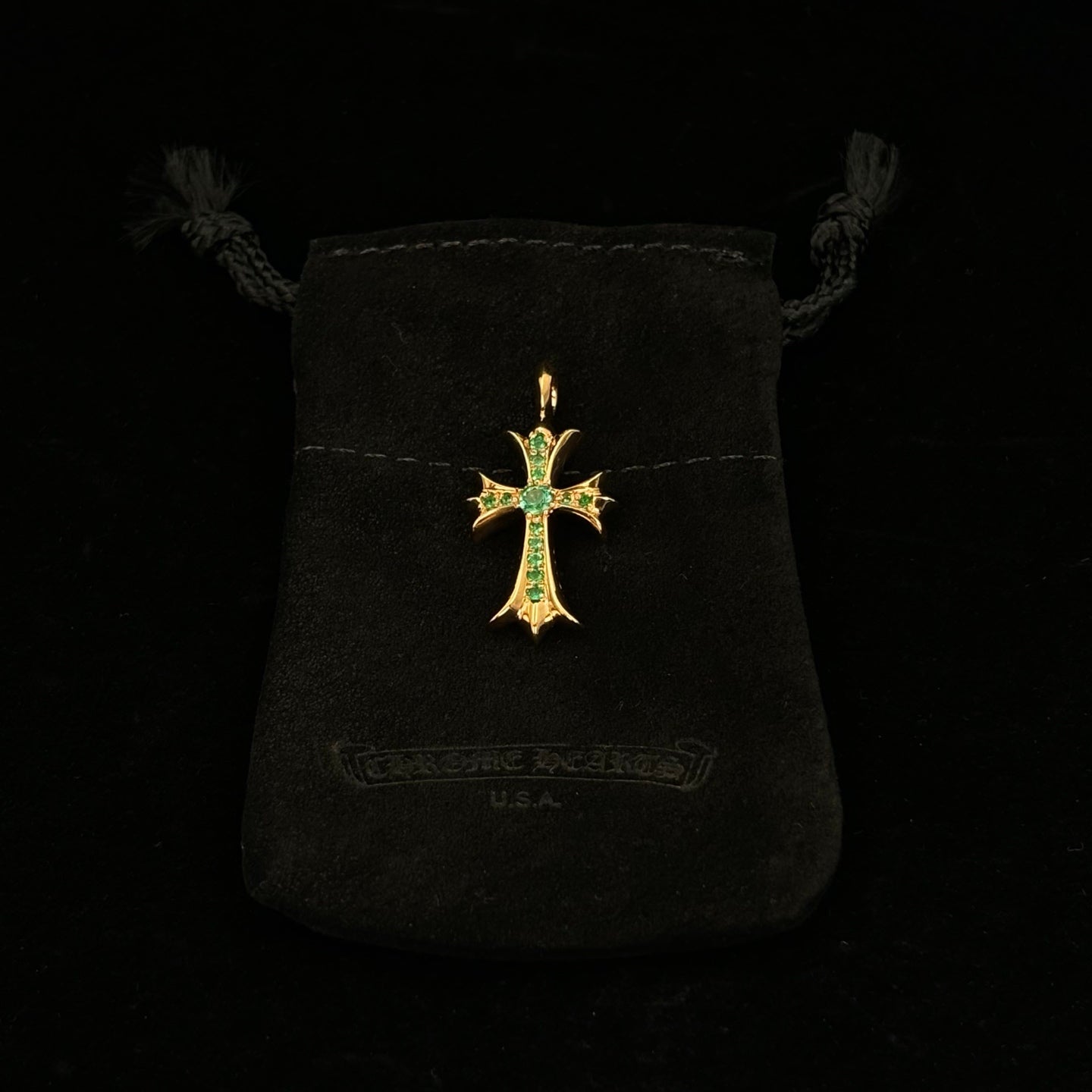 Chrome Hearts 22K Gold Emerald Tiny  Cross Pendant [Unused]