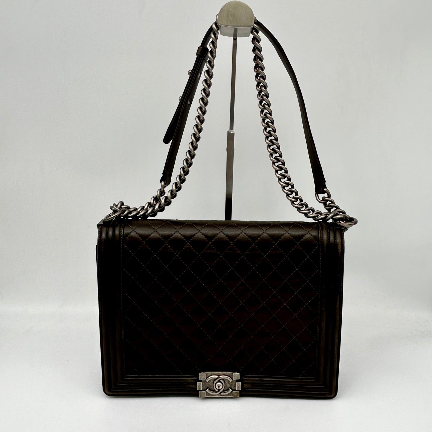 Chanel Leboy Dark Brown Lambskin Large Chain Shoulder Bag Silver Hardware [Used]