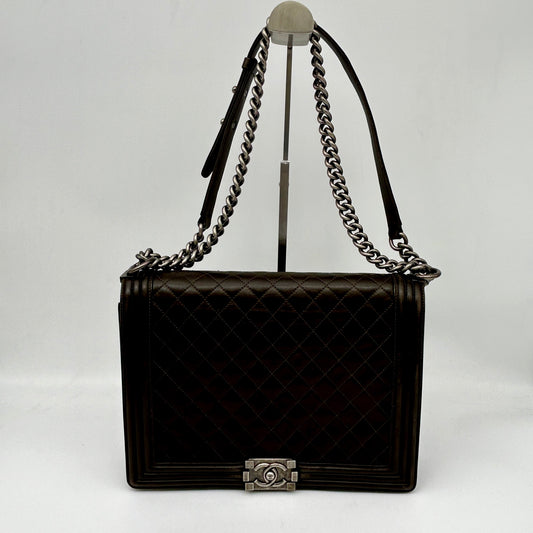Chanel Leboy Dark Brown Lambskin Large Chain Shoulder Bag Silver Hardware [Used]