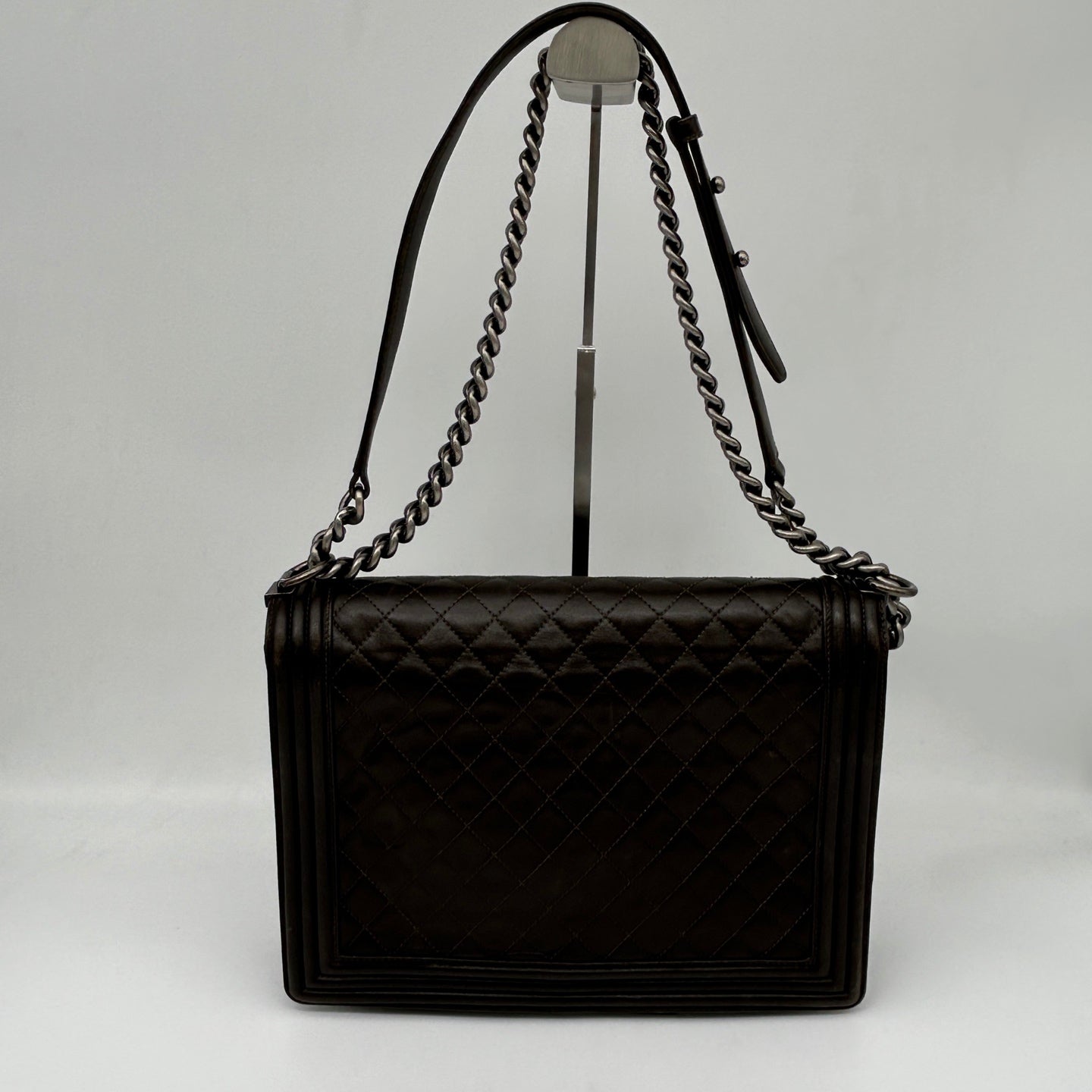 Chanel Leboy Dark Brown Lambskin Large Chain Shoulder Bag Silver Hardware [Used]
