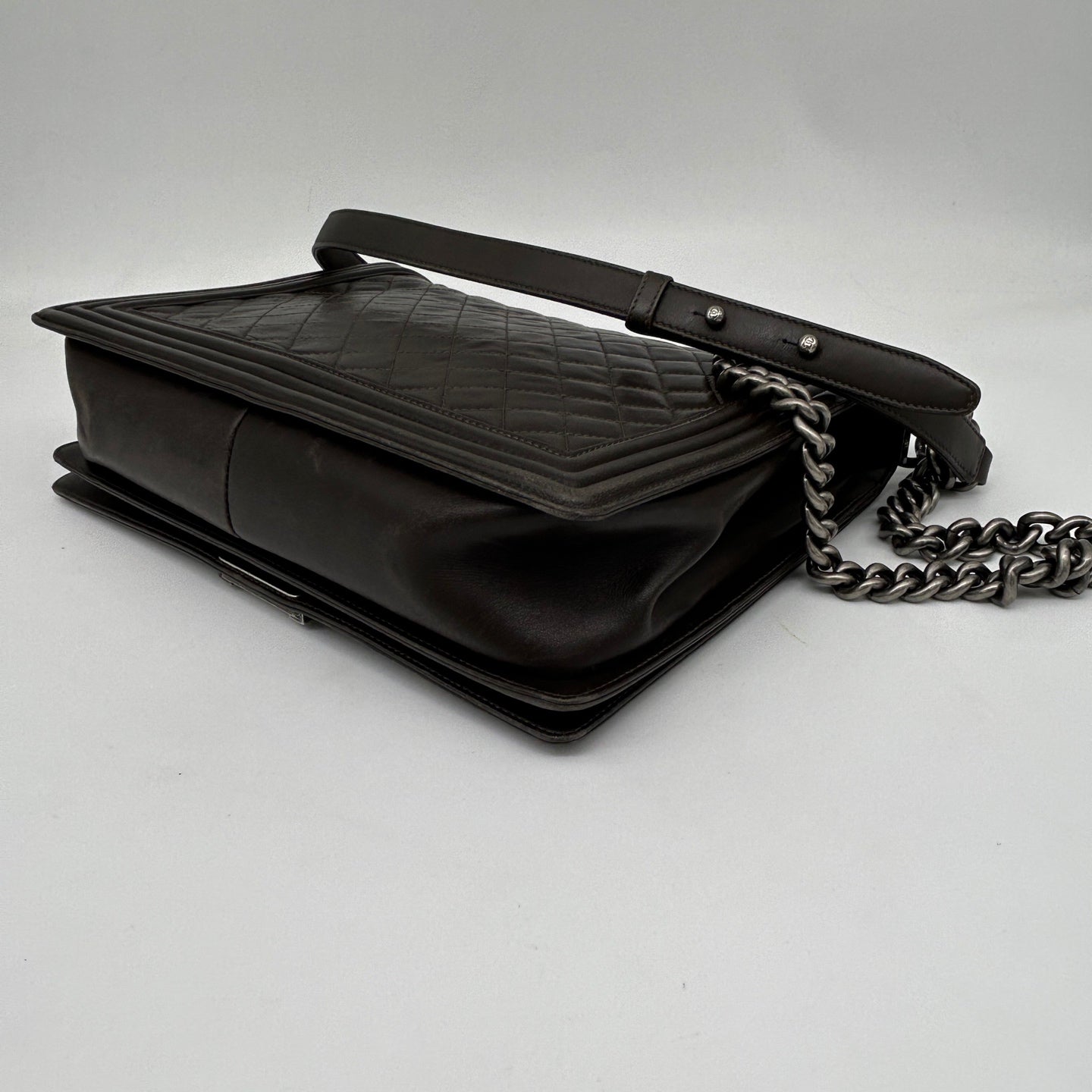 Chanel Leboy Dark Brown Lambskin Large Chain Shoulder Bag Silver Hardware [Used]