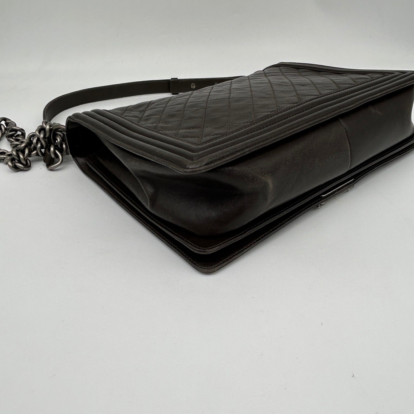 Chanel Leboy Dark Brown Lambskin Large Chain Shoulder Bag Silver Hardware [Used]
