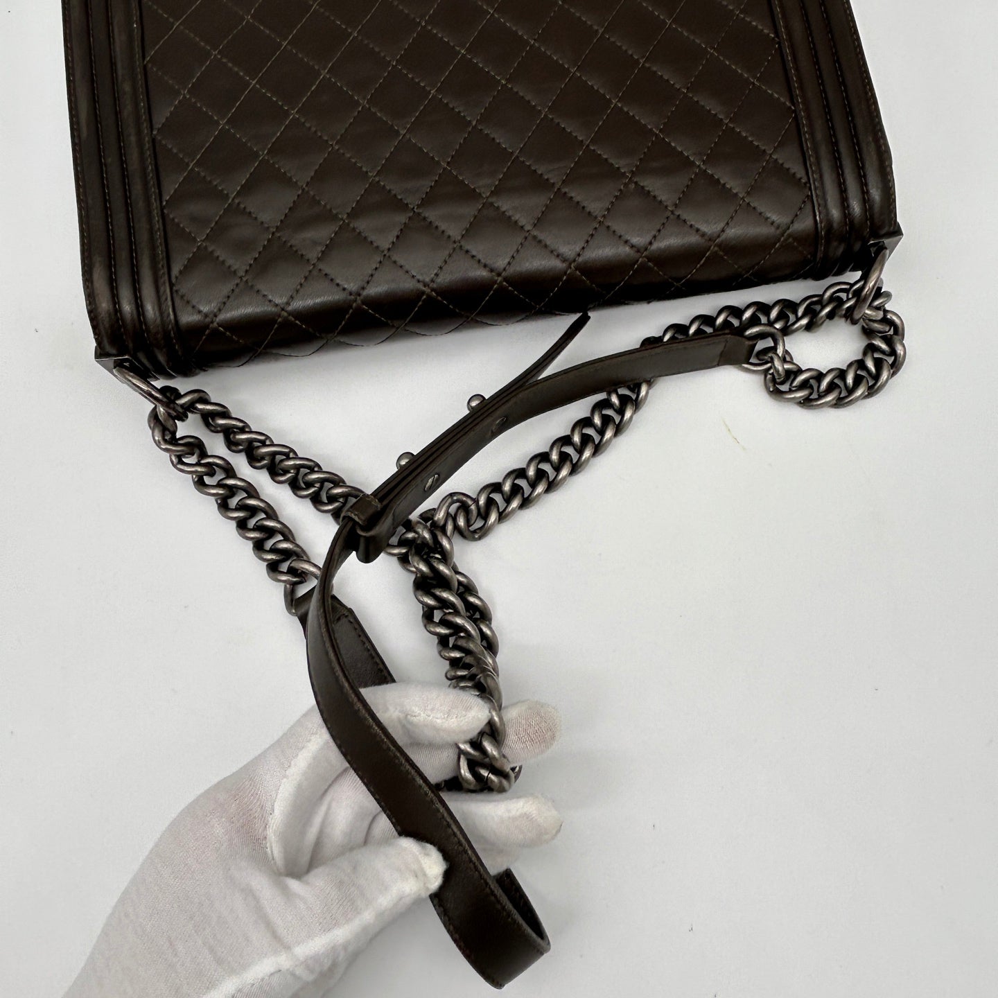 Chanel Leboy Dark Brown Lambskin Large Chain Shoulder Bag Silver Hardware [Used]