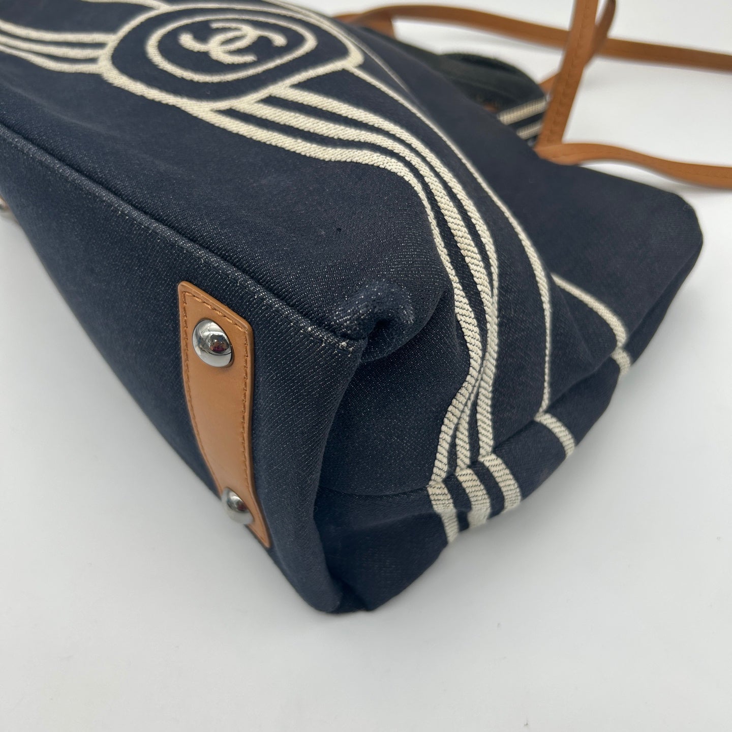 Chanel Striped Denim Navy Small Beach Tote Bag [Used]