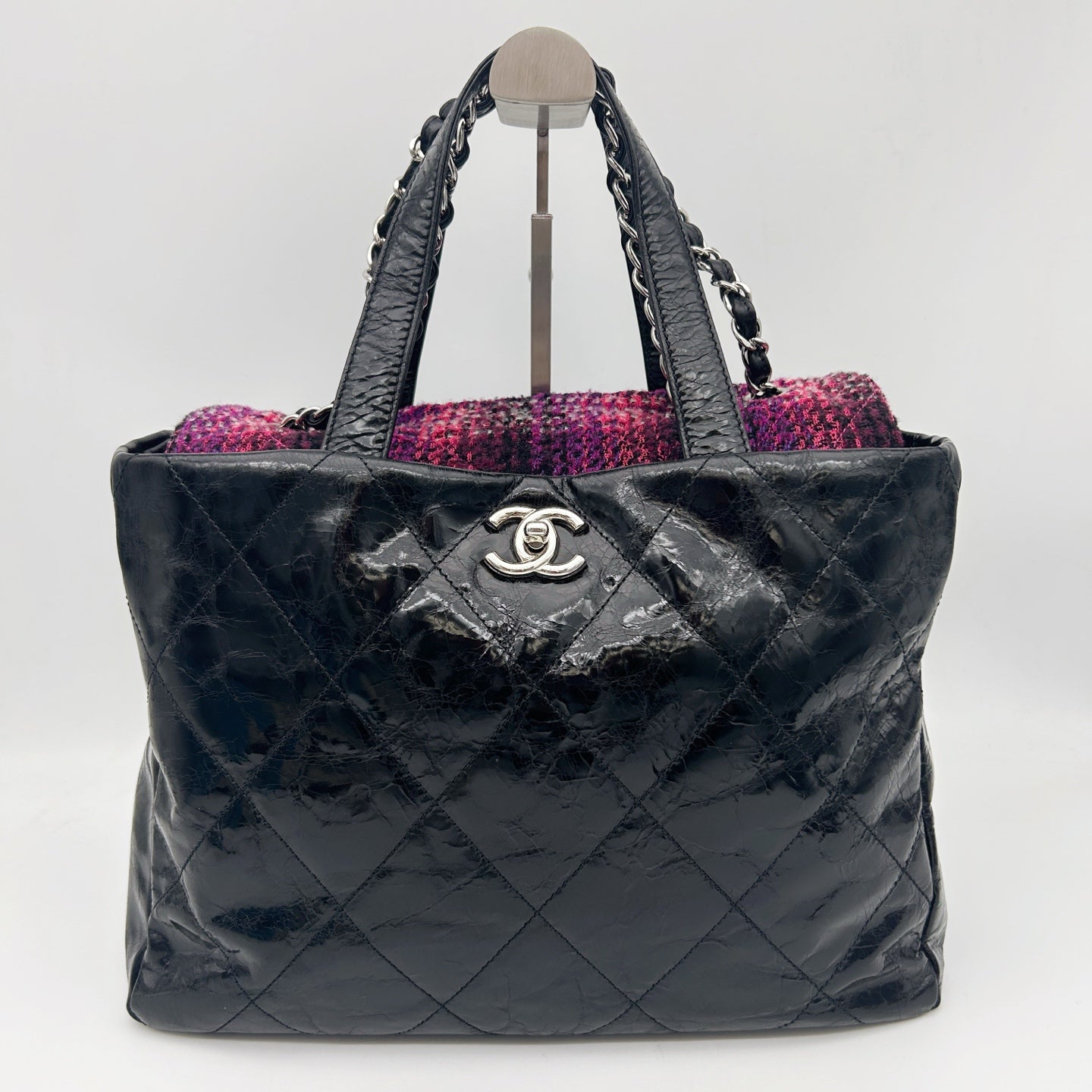Chanel Black Waxed Calfskin Pink Tweed 2Way Large Tote Bag Silver Hardware [Used]