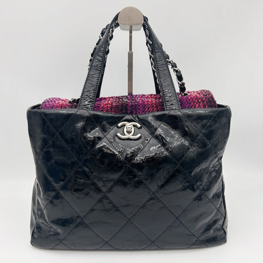 Chanel Black Waxed Calfskin Pink Tweed 2Way Large Tote Bag Silver Hardware [Used]