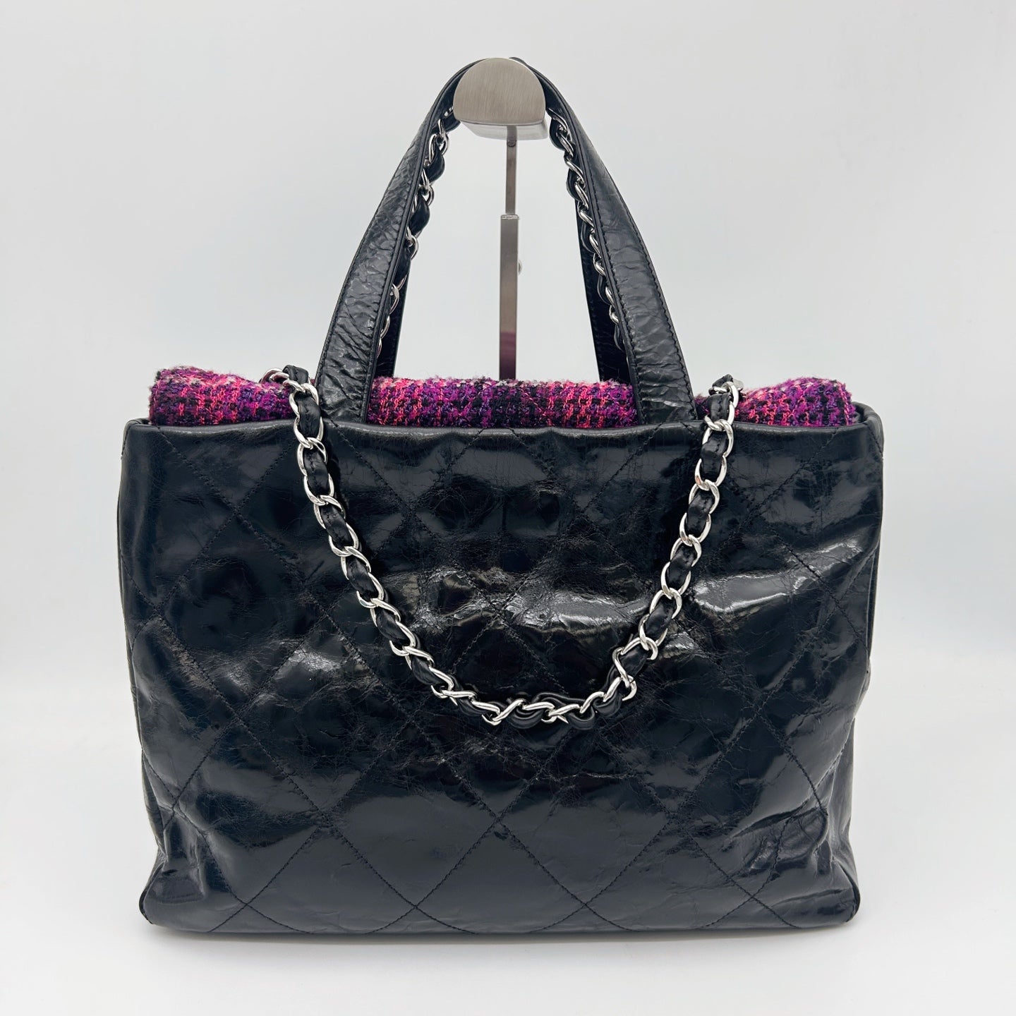 Chanel Black Waxed Calfskin Pink Tweed 2Way Large Tote Bag Silver Hardware [Used]