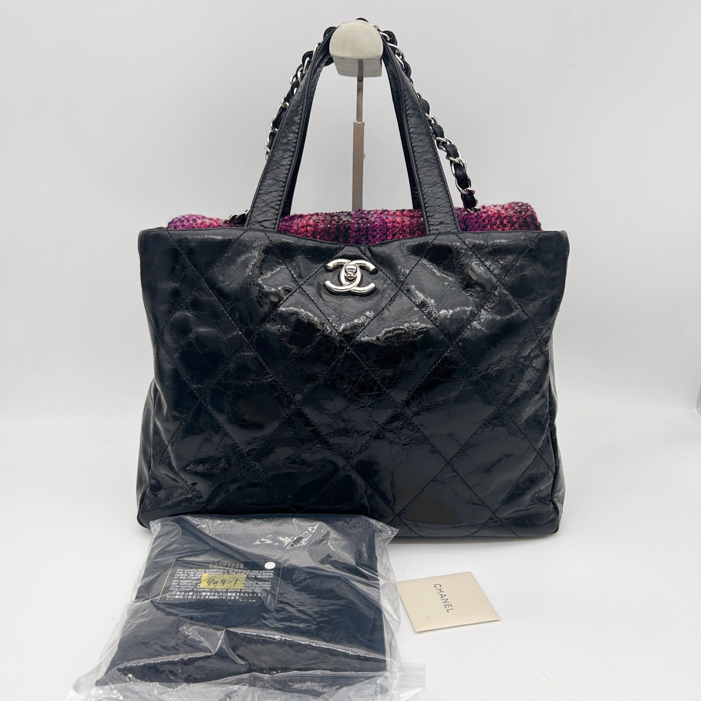 Chanel Black Waxed Calfskin Pink Tweed 2Way Large Tote Bag Silver Hardware [Used]