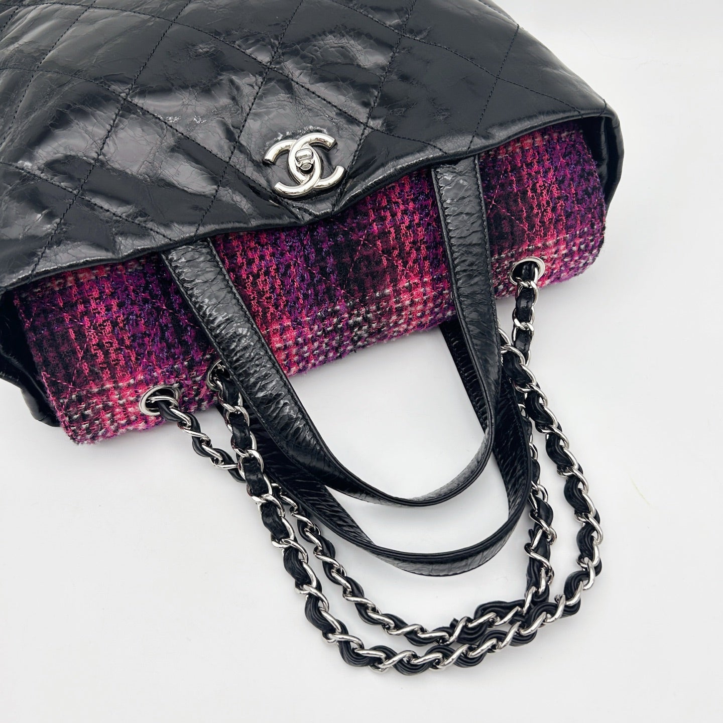 Chanel Black Waxed Calfskin Pink Tweed 2Way Large Tote Bag Silver Hardware [Used]