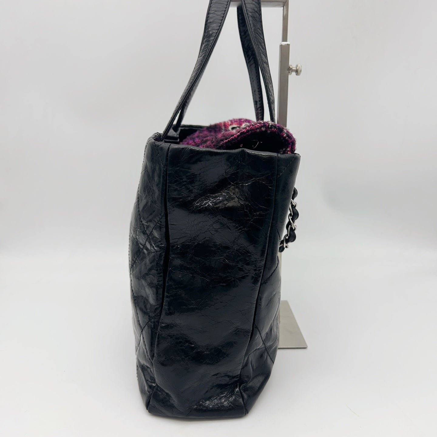 Chanel Black Waxed Calfskin Pink Tweed 2Way Large Tote Bag Silver Hardware [Used]