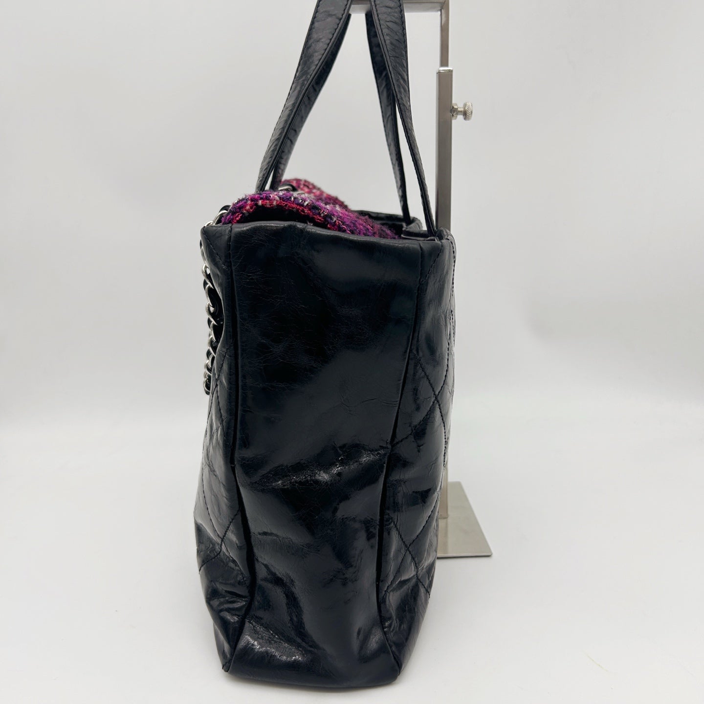 Chanel Black Waxed Calfskin Pink Tweed 2Way Large Tote Bag Silver Hardware [Used]