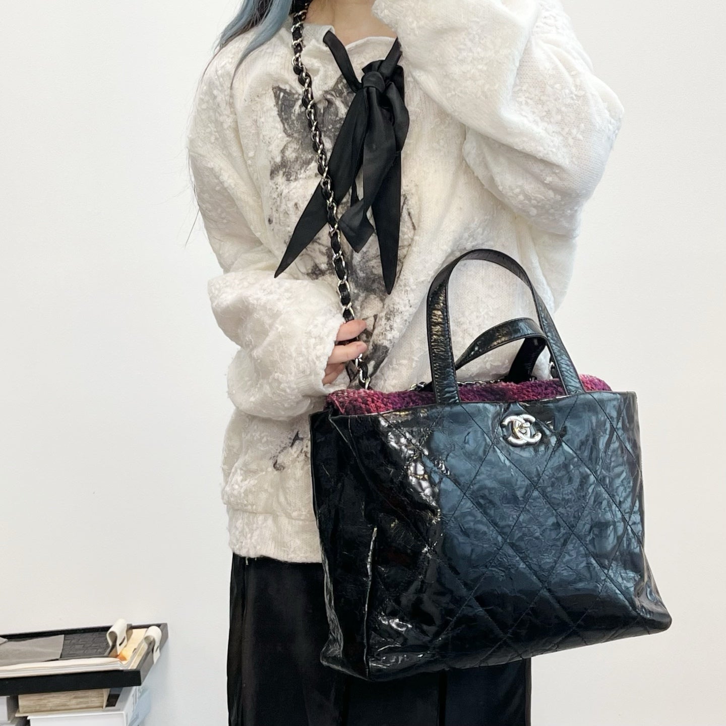 Chanel Black Waxed Calfskin Pink Tweed 2Way Large Tote Bag Silver Hardware [Used]