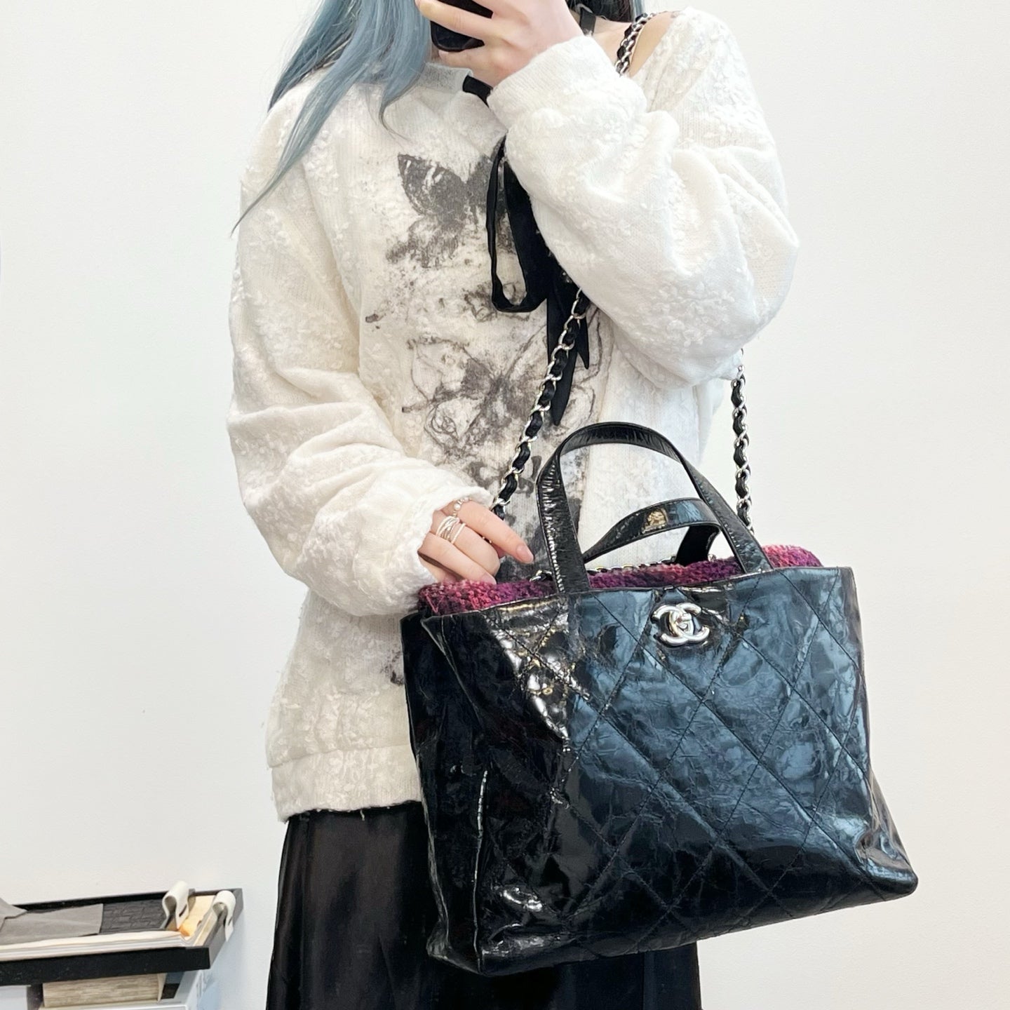 Chanel Black Waxed Calfskin Pink Tweed 2Way Large Tote Bag Silver Hardware [Used]