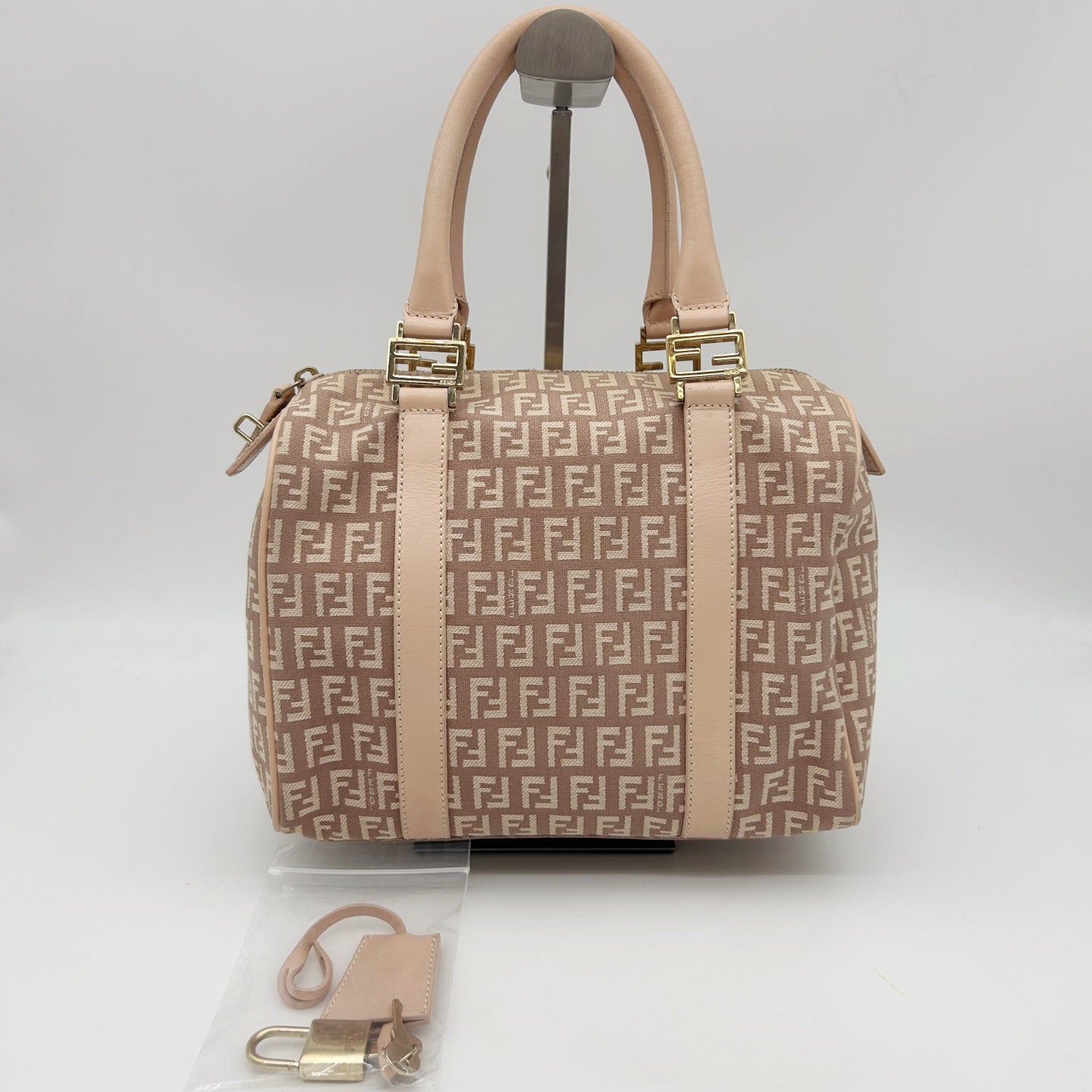 Fendi Pink Zucca Fabric Leather Trim Mini Boston Handbag [Used]